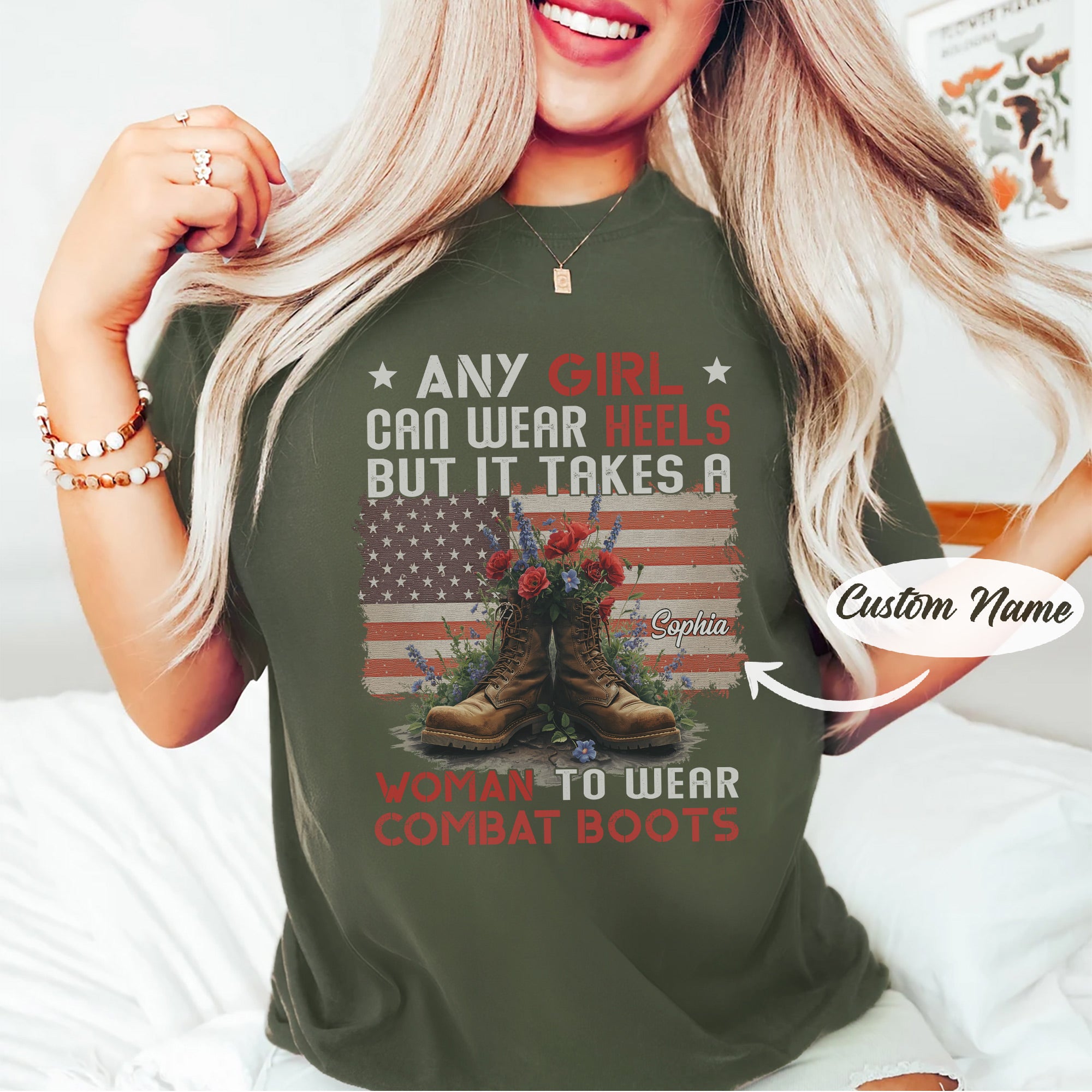 It Takes a Woman to Wear Combat Boots US Military Gift For Female Veterans  Personalized T-Shirt