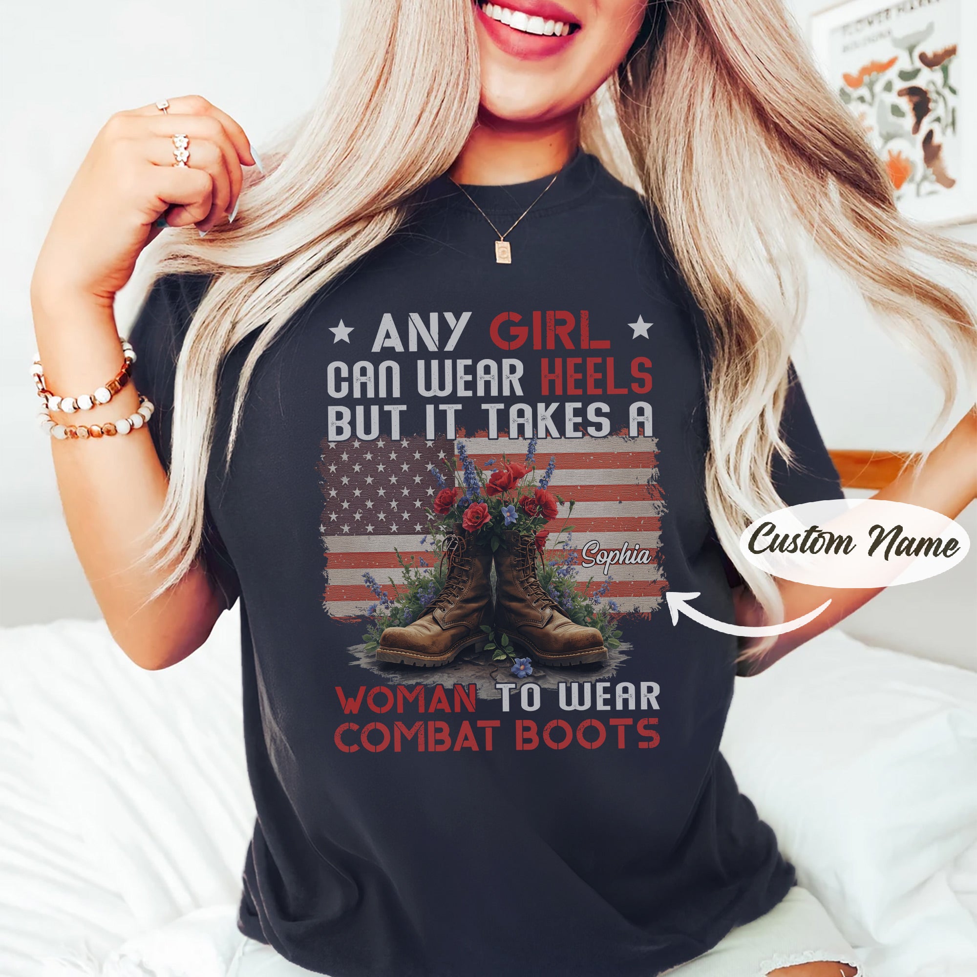It Takes a Woman to Wear Combat Boots US Military Gift For Female Veterans  Personalized T-Shirt