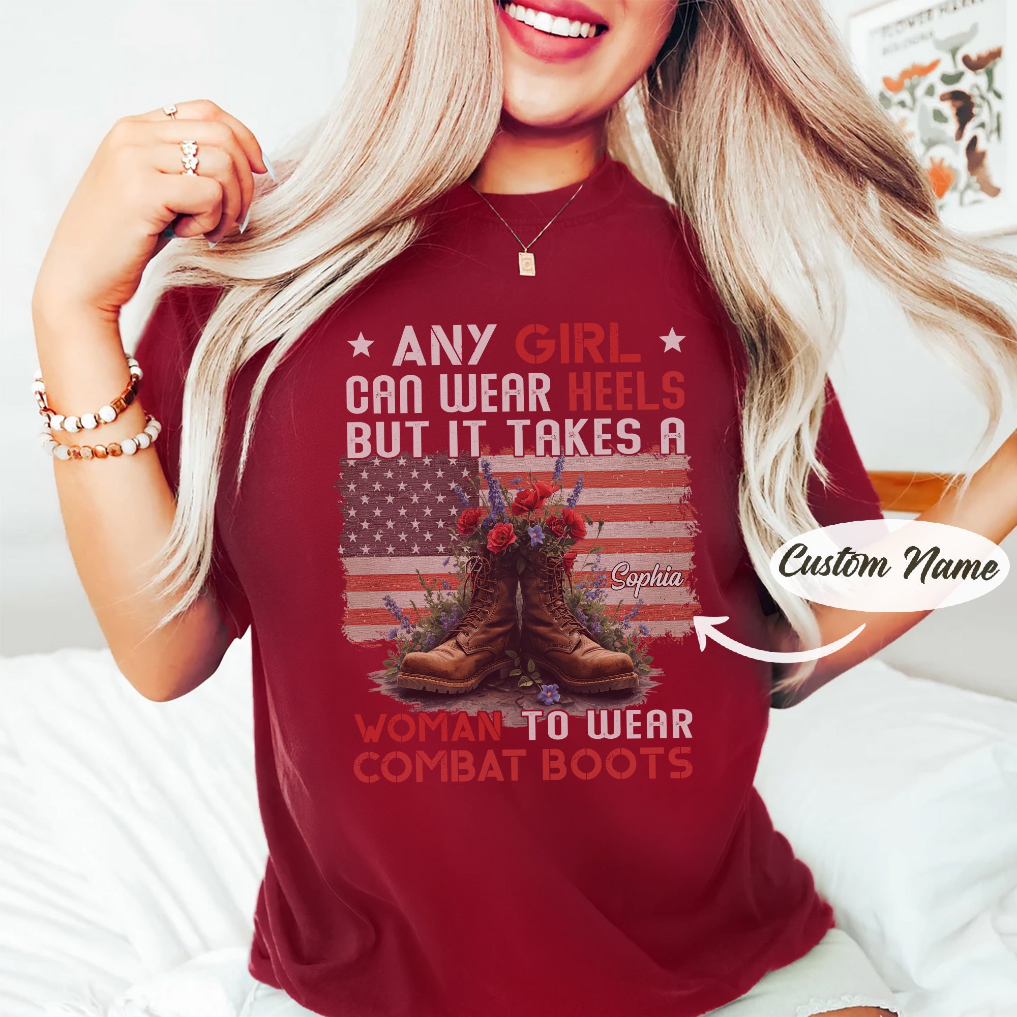 It Takes a Woman to Wear Combat Boots US Military Gift For Female Veterans  Personalized T-Shirt