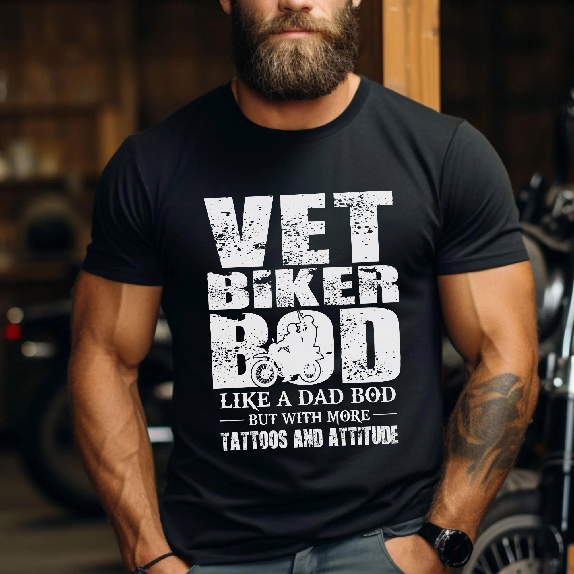 Vet Biker Bod Shirt Like A Dad Bod But With More Tattoos and Attitude Veteran Motorcycle T-Shirt