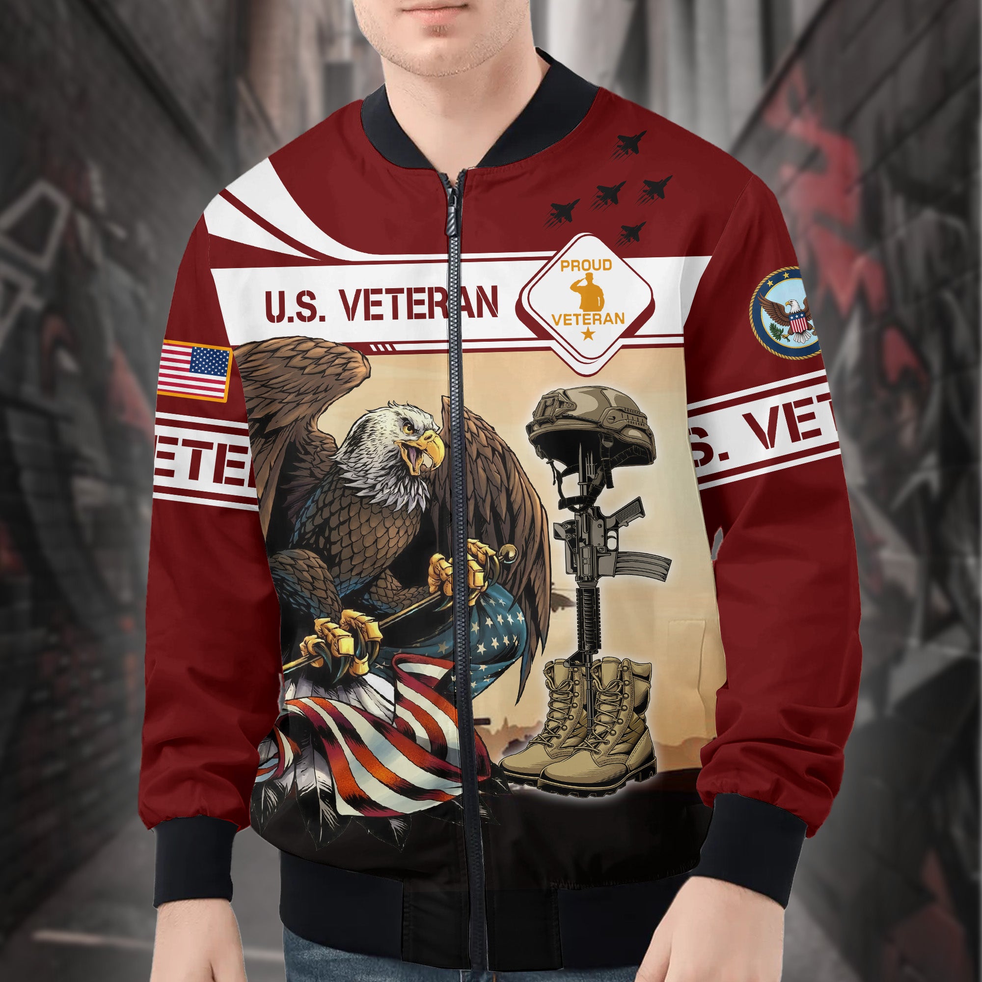 US Veteran Eagle Holding American Flag Patriotic Military Honor and Sacrifice Hoodie All-over Print Bomber Jacket