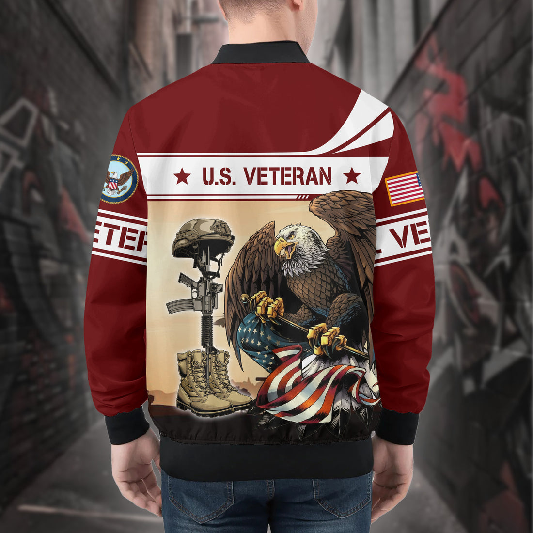 US Veteran Eagle Holding American Flag Patriotic Military Honor and Sacrifice Hoodie All-over Print Bomber Jacket