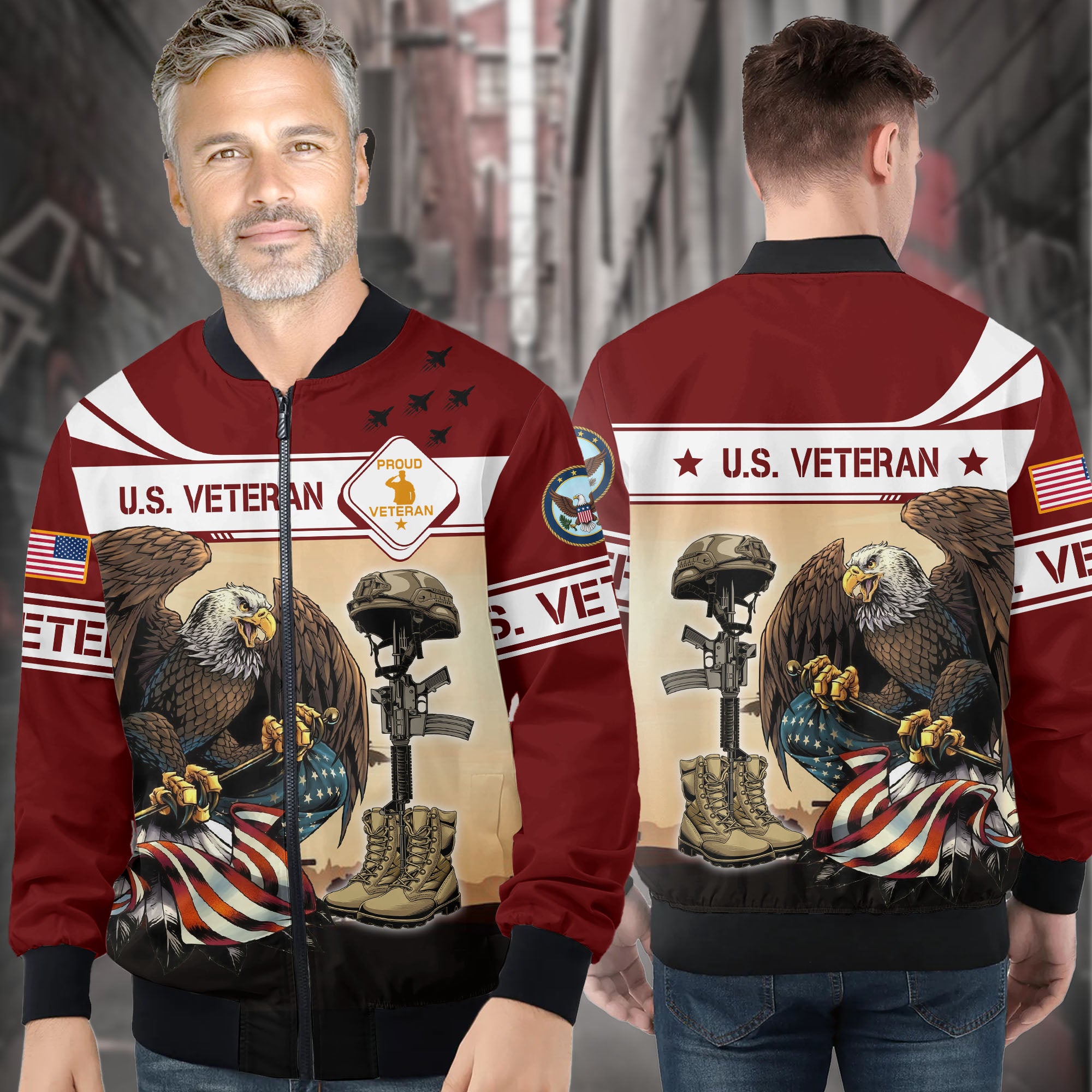 US Veteran Eagle Holding American Flag Patriotic Military Honor and Sacrifice Hoodie All-over Print Bomber Jacket