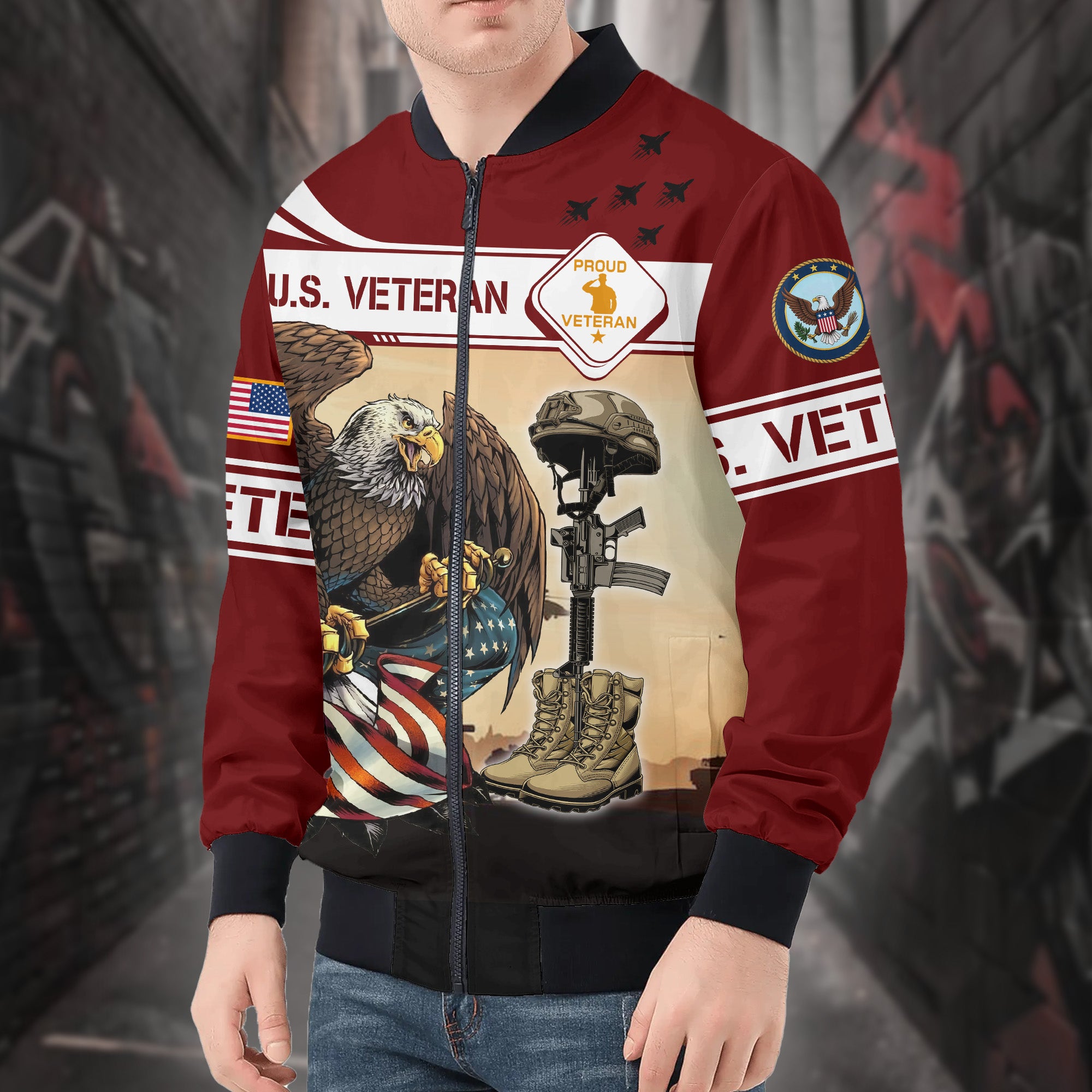 US Veteran Eagle Holding American Flag Patriotic Military Honor and Sacrifice Hoodie All-over Print Bomber Jacket