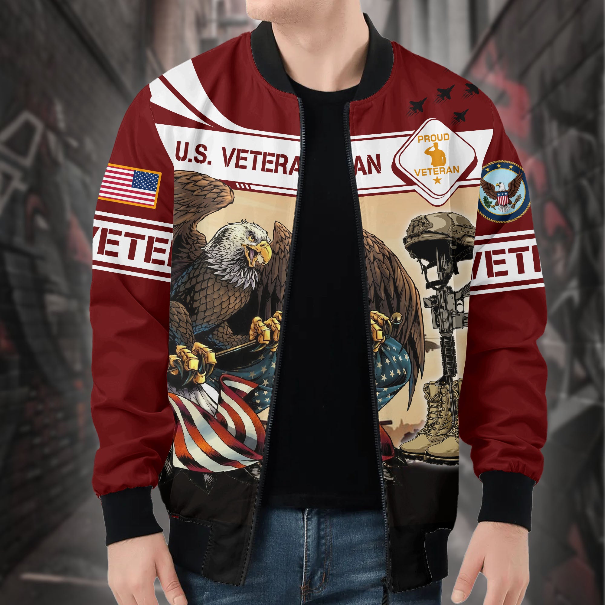 US Veteran Eagle Holding American Flag Patriotic Military Honor and Sacrifice Hoodie All-over Print Bomber Jacket