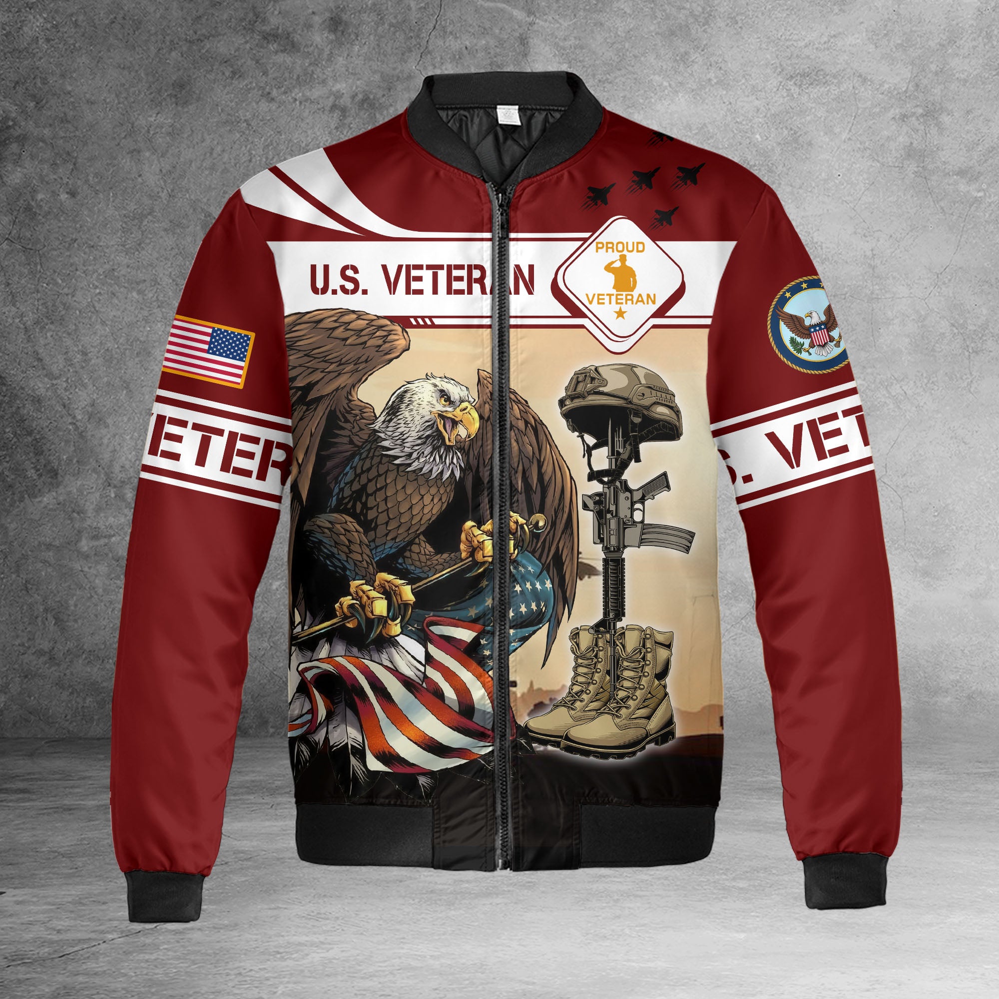 US Veteran Eagle Holding American Flag Patriotic Military Honor and Sacrifice Hoodie All-over Print Bomber Jacket
