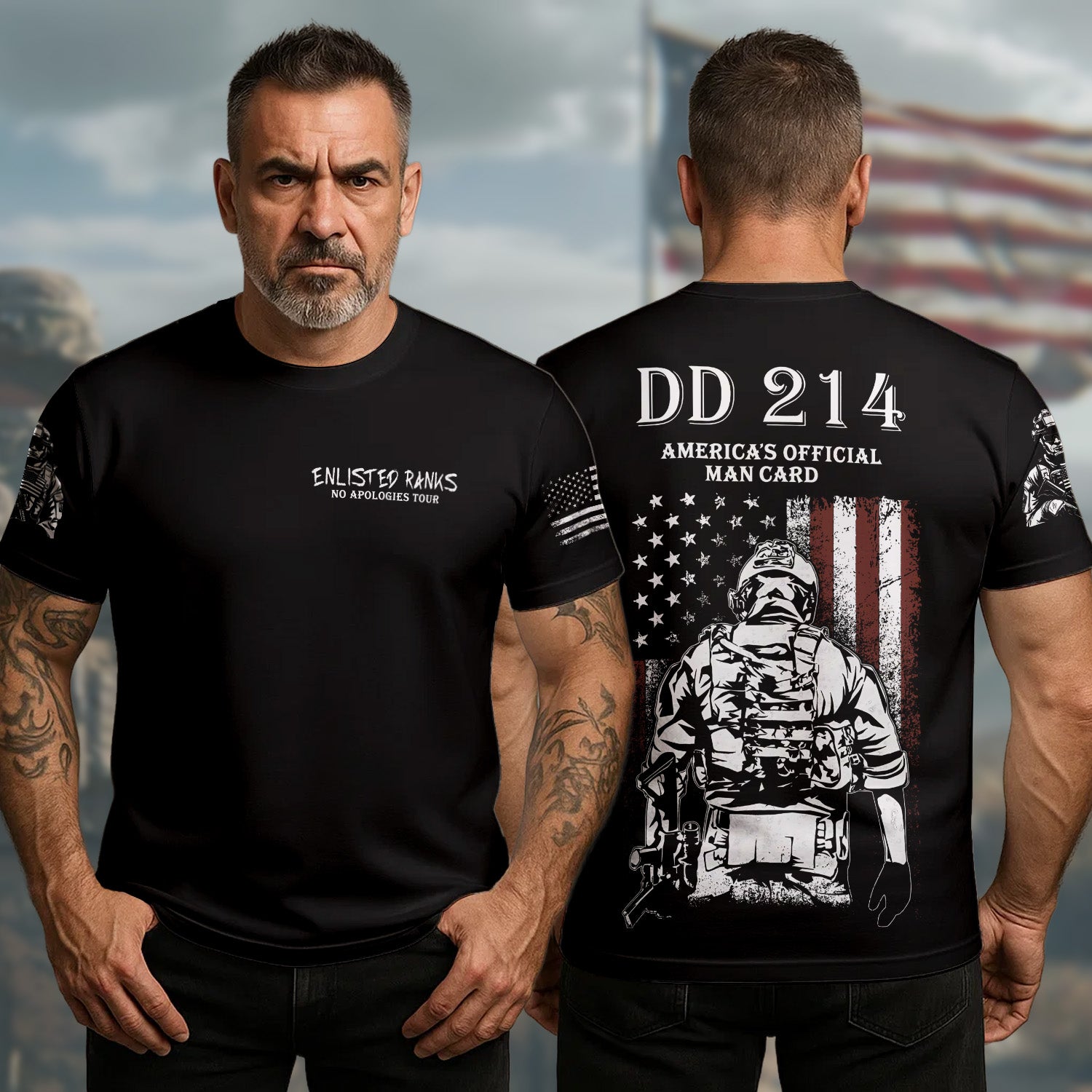 DD-214 America’s Official Man Card Enlisted Ranks Earned with Pride Veteran Attitude All-over Print T-Shirt