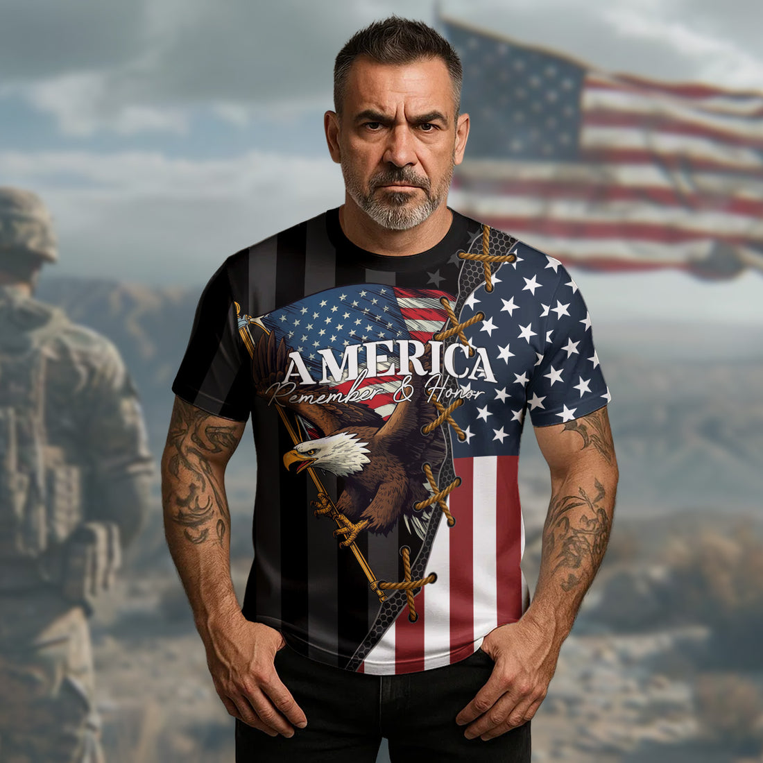 America Remember Honor Eagle Symbol of Freedom Patriotism and Proud Veteran All-over Print T-Shirt