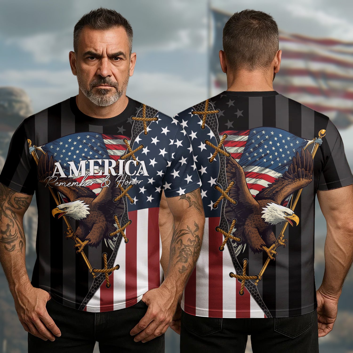 America Remember Honor Eagle Symbol of Freedom Patriotism and Proud Veteran All-over Print T-Shirt