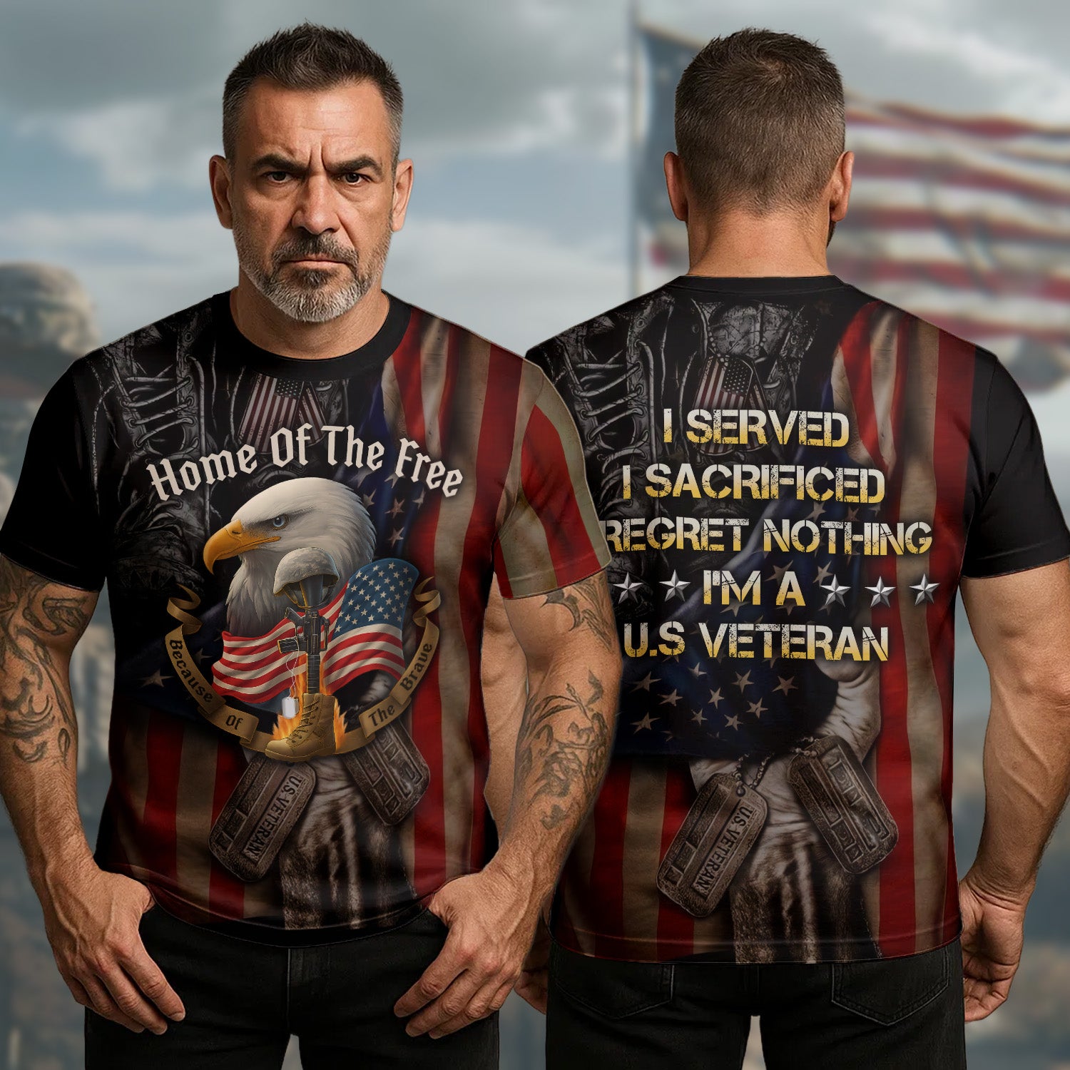 Home of the Free Because of the Brave I Served No Regrets Proud U.S. Veteran All-over Print T-Shirt