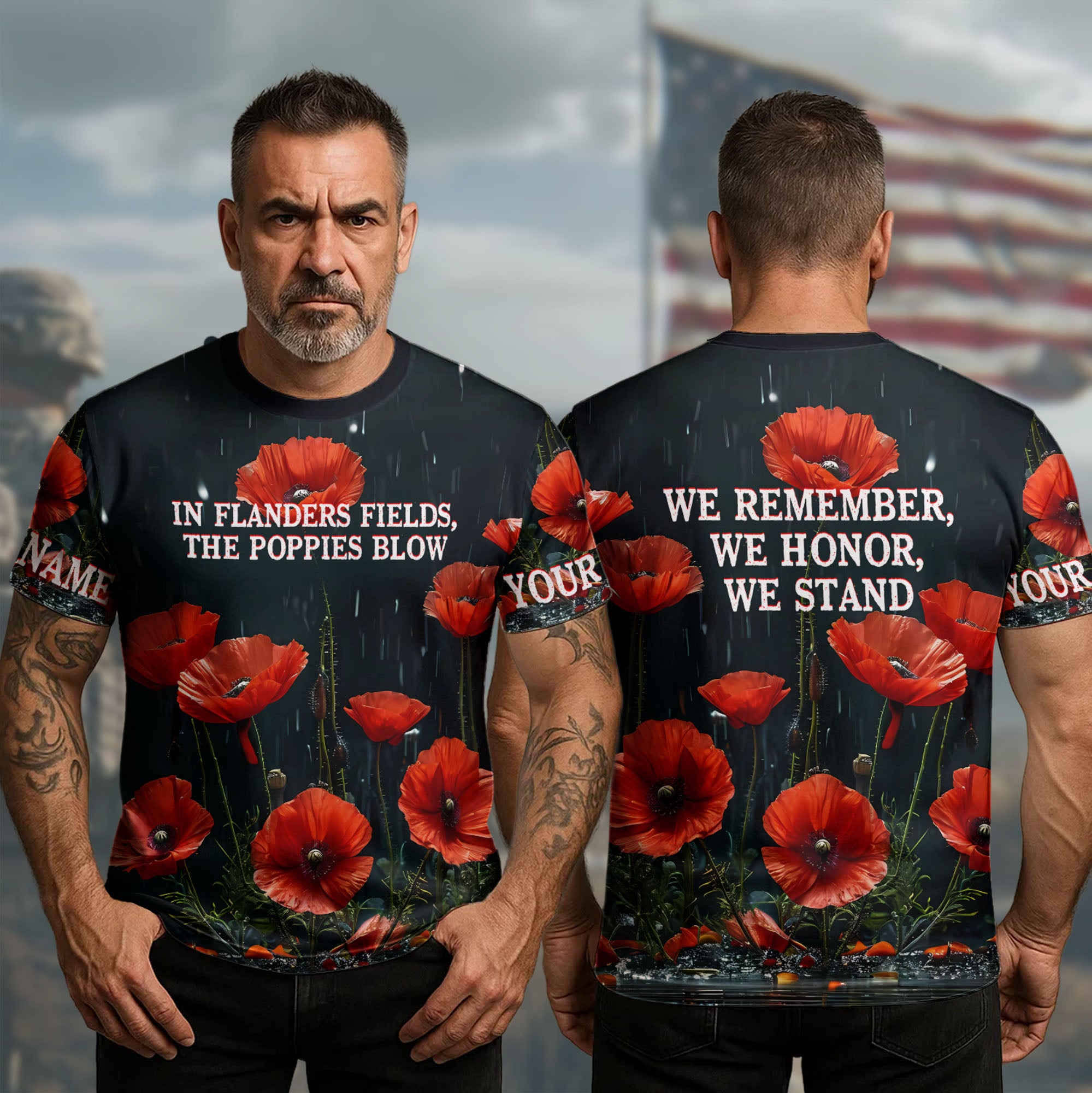 In Flanders Fields Poppies Blow We Remember Honor Stand Veteran Tribute All-over Print Personalized T-Shirt