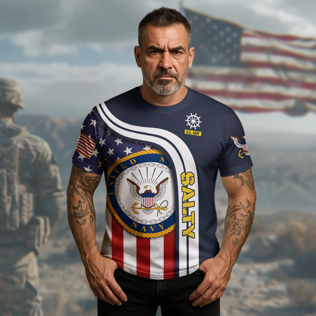 U.S. Navy Veteran Salty Strong Sea-Tested and Proudly Battle-Hardened All-over Print T-Shirt