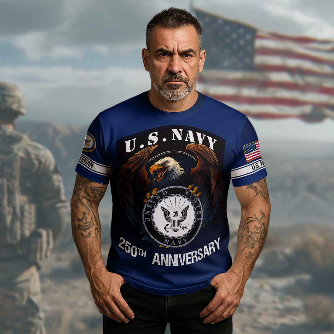 U.S. Navy 250th Anniversary Honoring Strength with Pride Courage and Veteran Legacy All-over Print T-Shirt