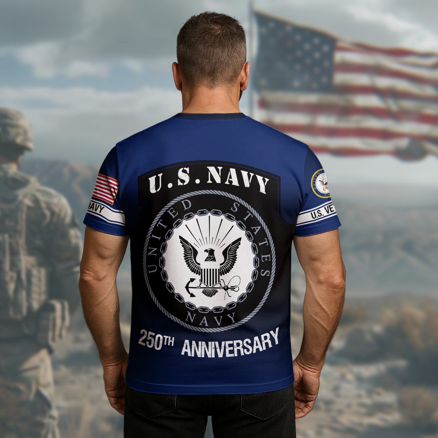 U.S. Navy 250th Anniversary Honoring Strength with Pride Courage and Veteran Legacy All-over Print T-Shirt