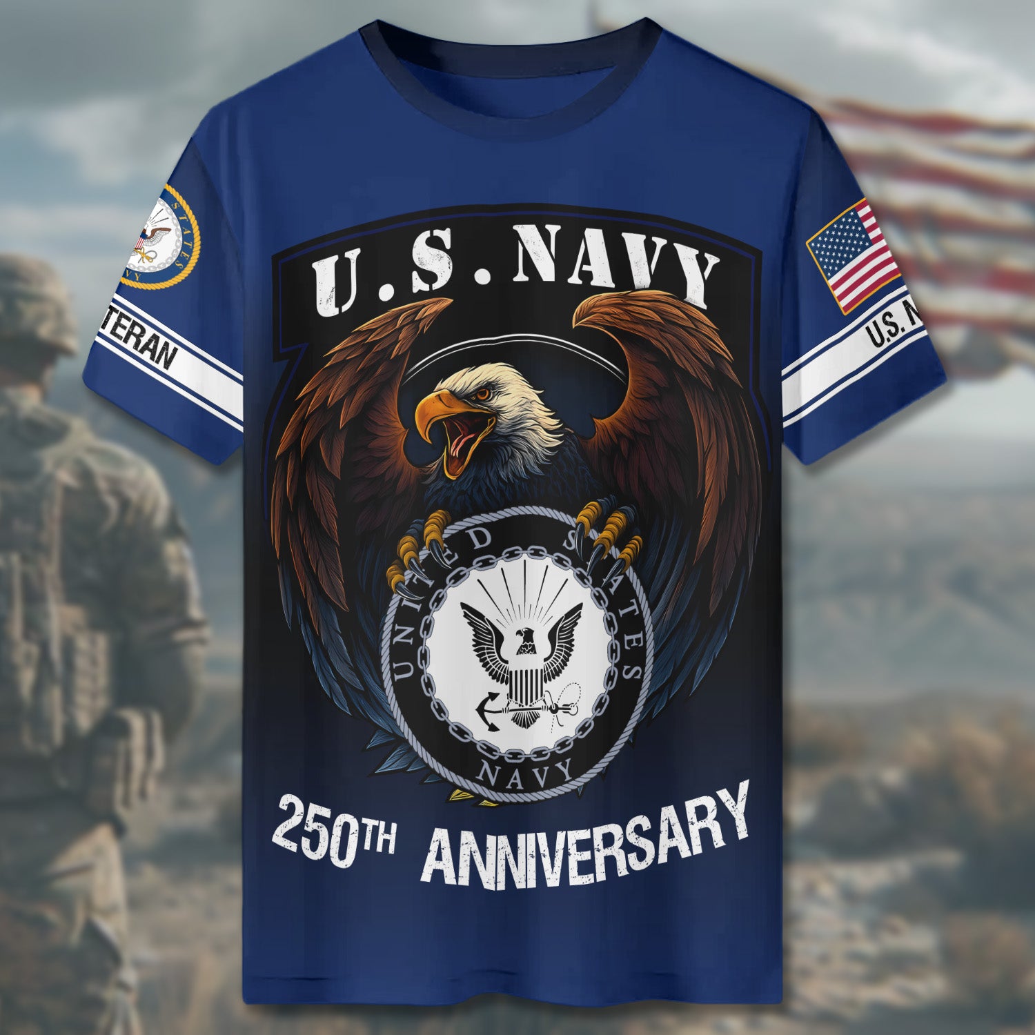 U.S. Navy 250th Anniversary Honoring Strength with Pride Courage and Veteran Legacy All-over Print T-Shirt