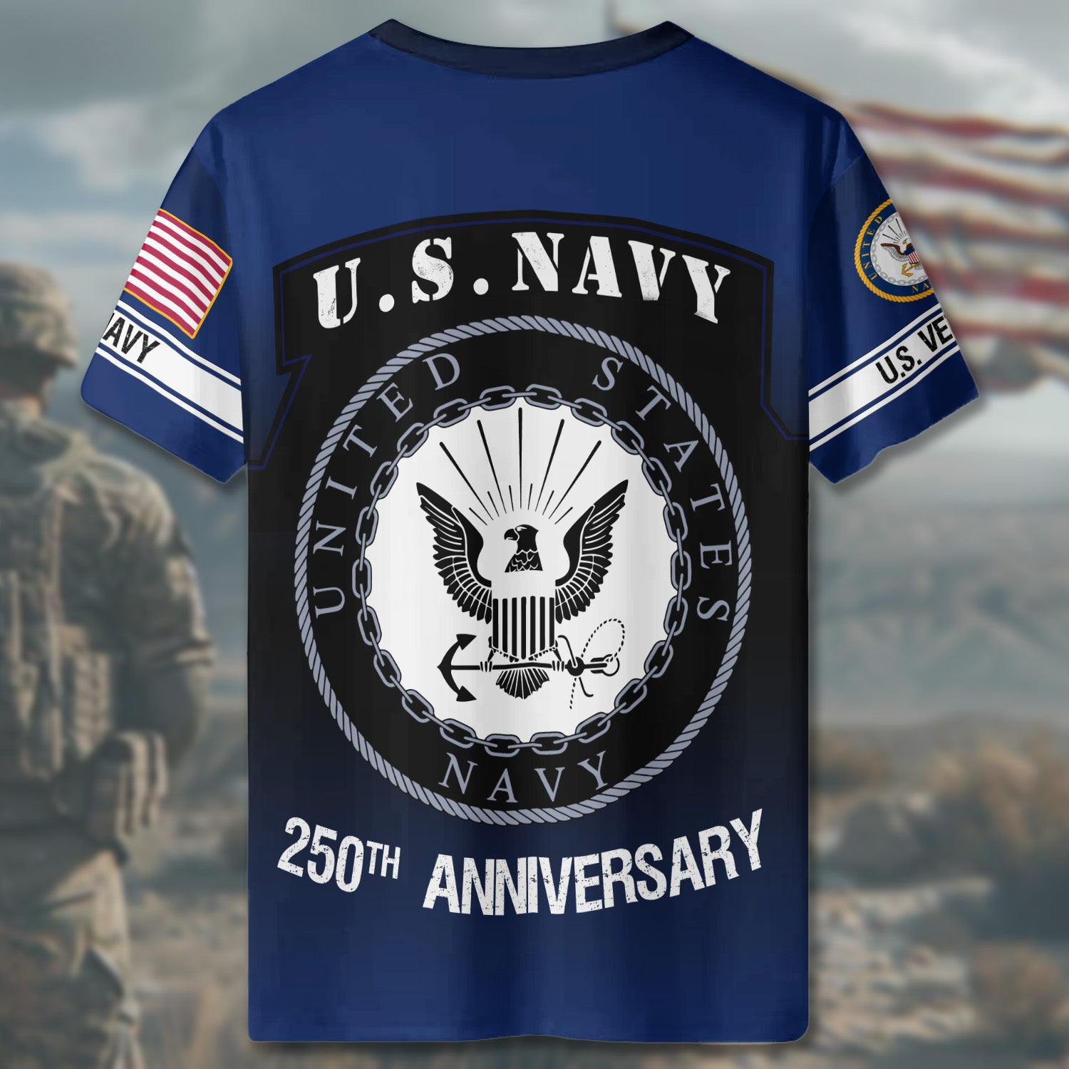 U.S. Navy 250th Anniversary Honoring Strength with Pride Courage and Veteran Legacy All-over Print T-Shirt
