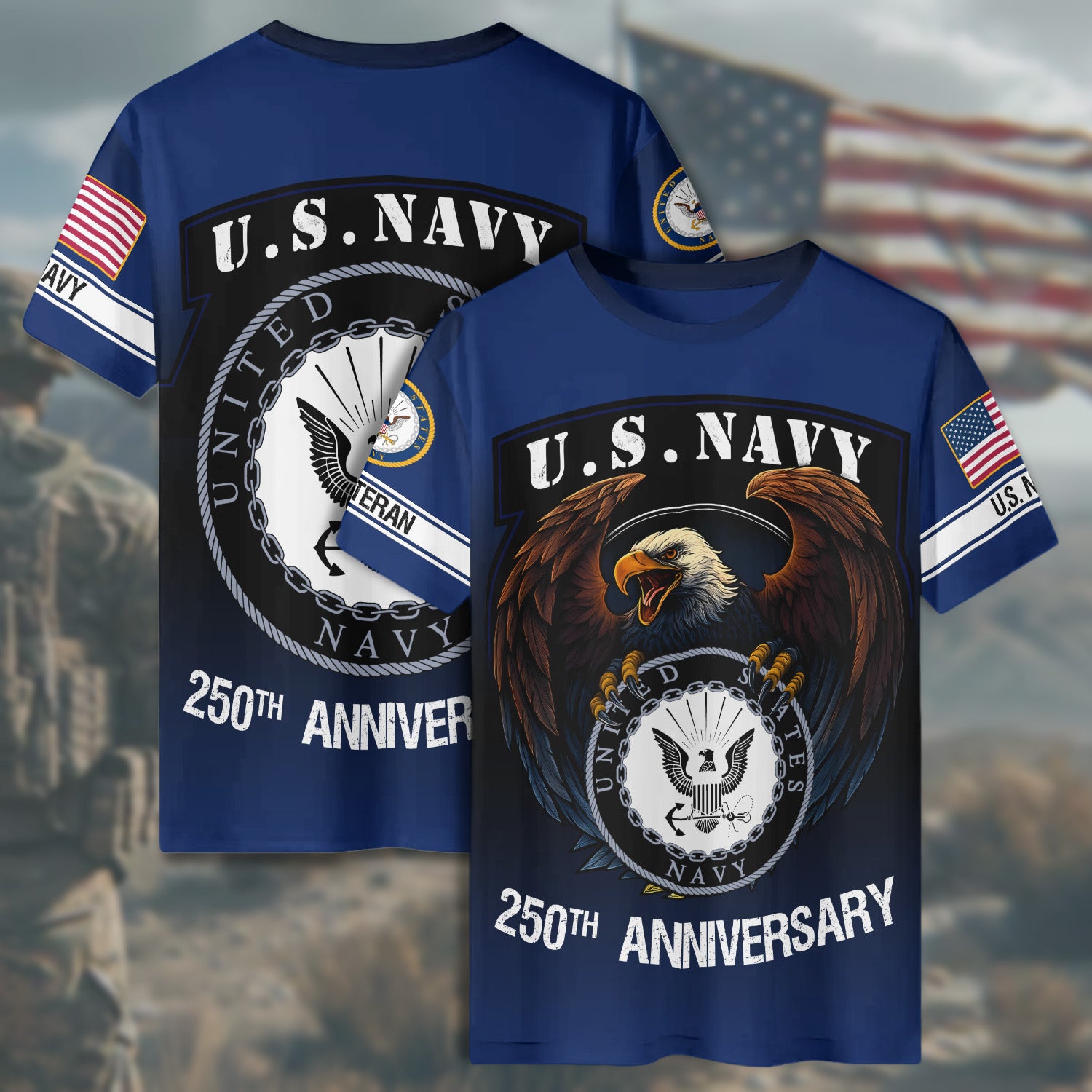 U.S. Navy 250th Anniversary Honoring Strength with Pride Courage and Veteran Legacy All-over Print T-Shirt