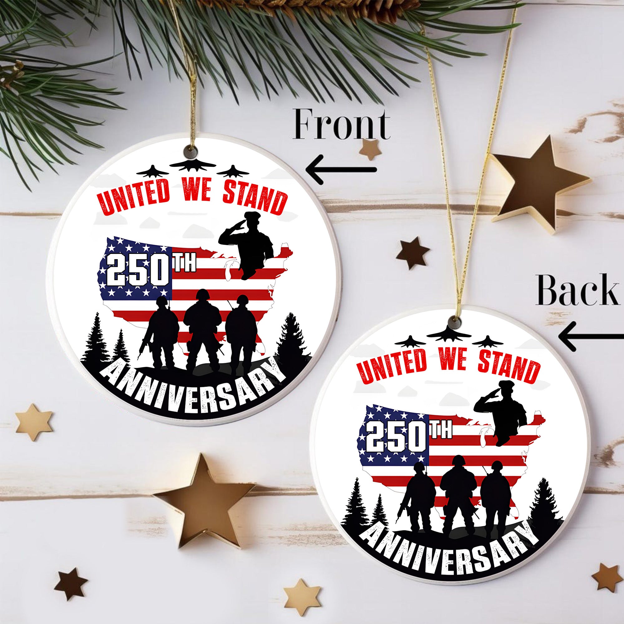 United We Stand Proud US Veteran 250th Anniversary Veteran Ceramic Ornament
