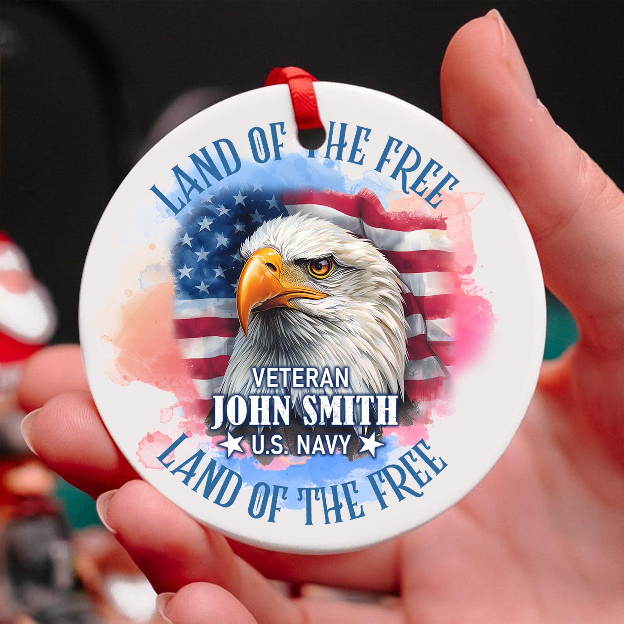 Land of the Free Because of the Brave Eagle United States Flag Veteran Personalized Ornament