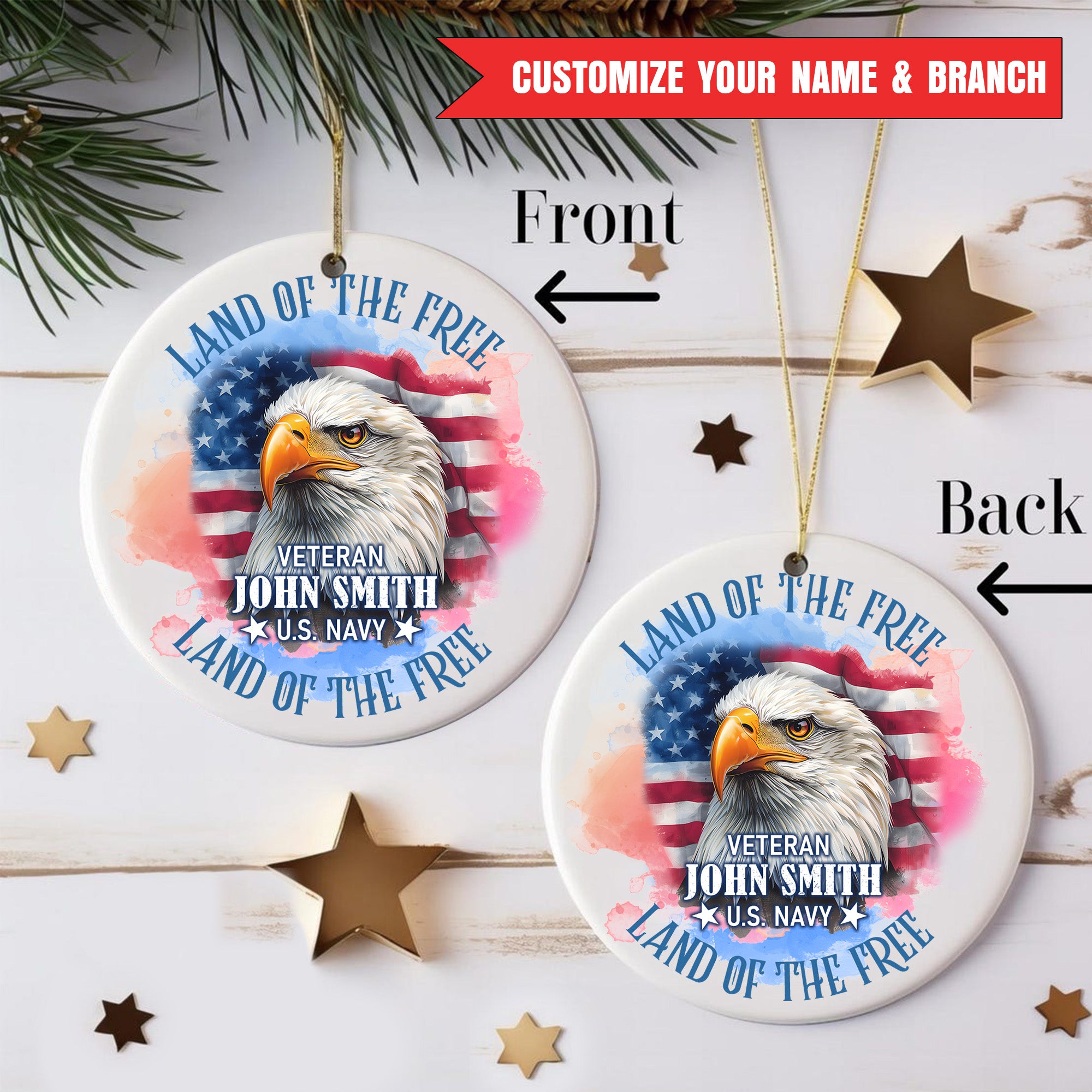 Land of the Free Because of the Brave Eagle United States Flag Veteran Personalized Ornament