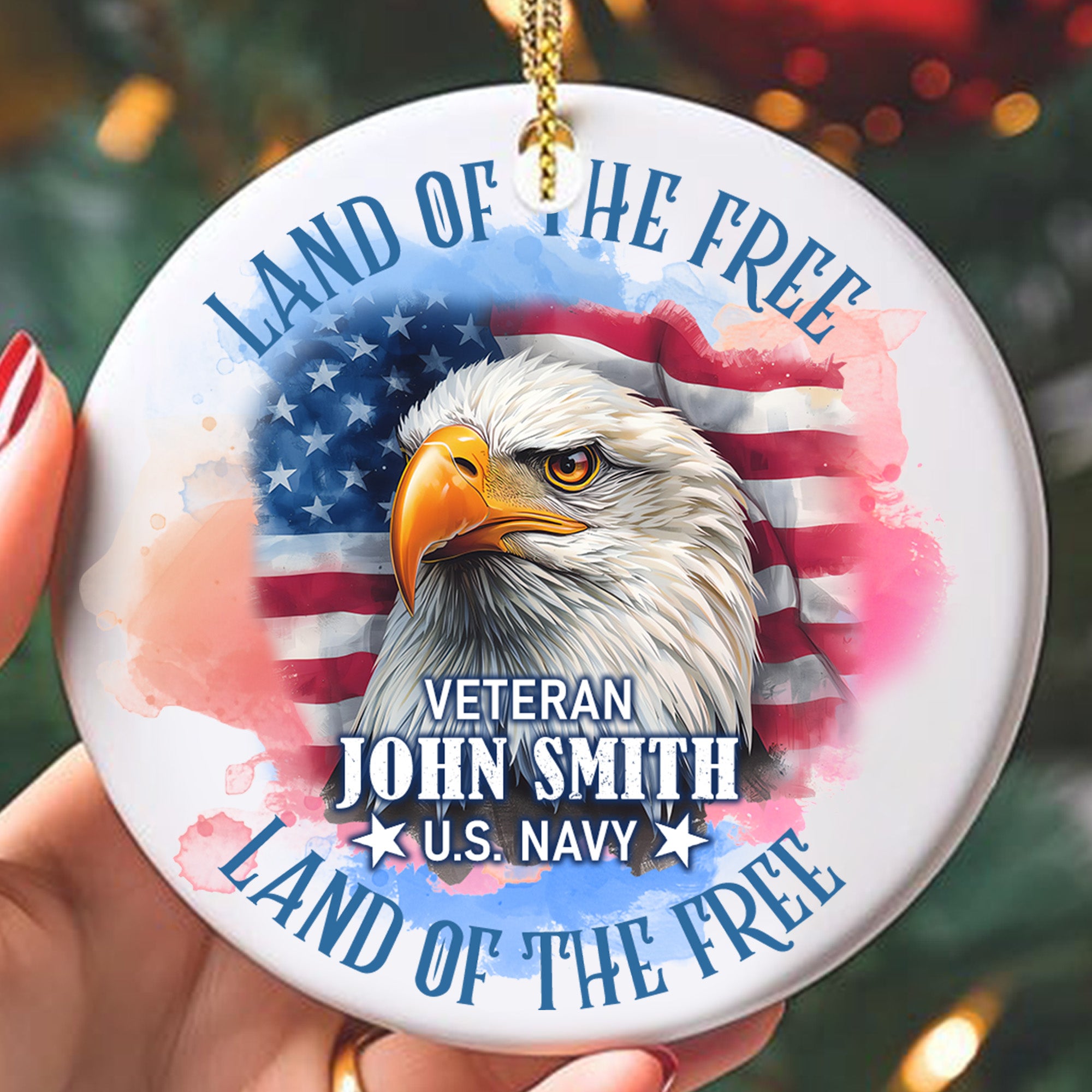 Land of the Free Because of the Brave Eagle United States Flag Veteran Personalized Ornament