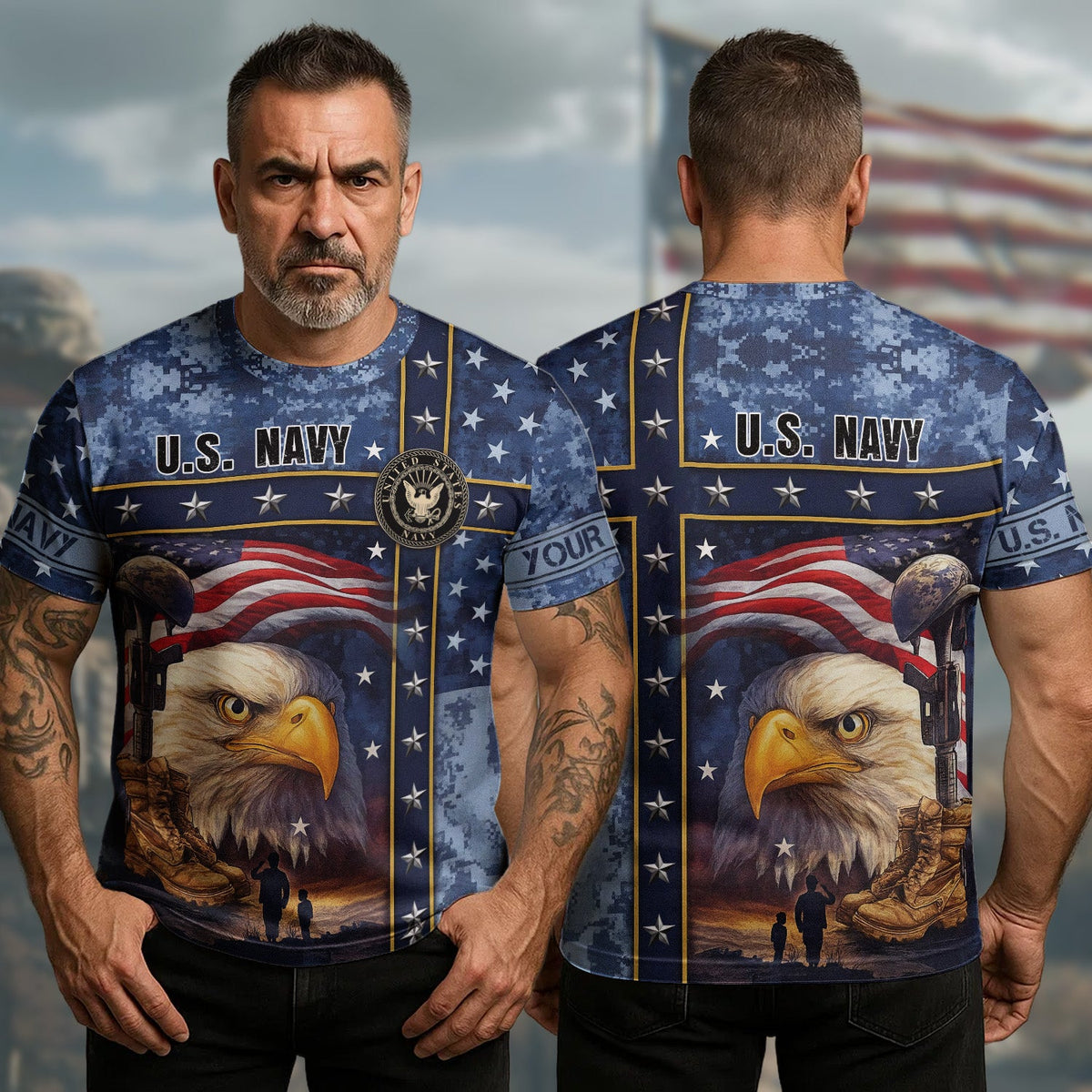 US Navy Veteran American Flag Bald Eagle All-over Print Personalized T-Shirt