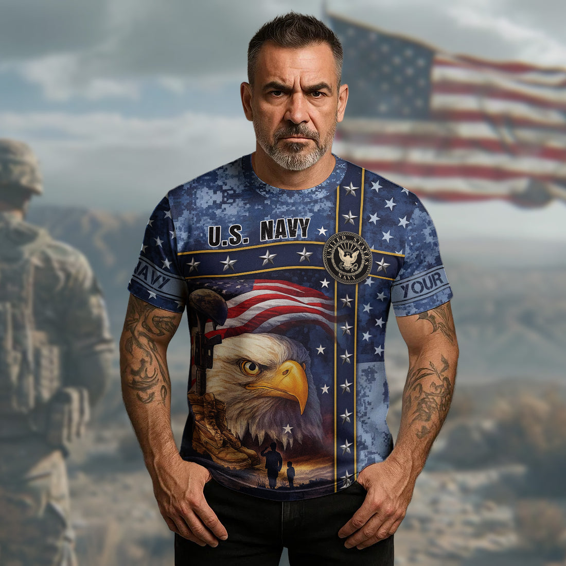 US Navy Veteran American Flag Bald Eagle Patriotic Military Veteran All-over Print Personalized T-Shirt