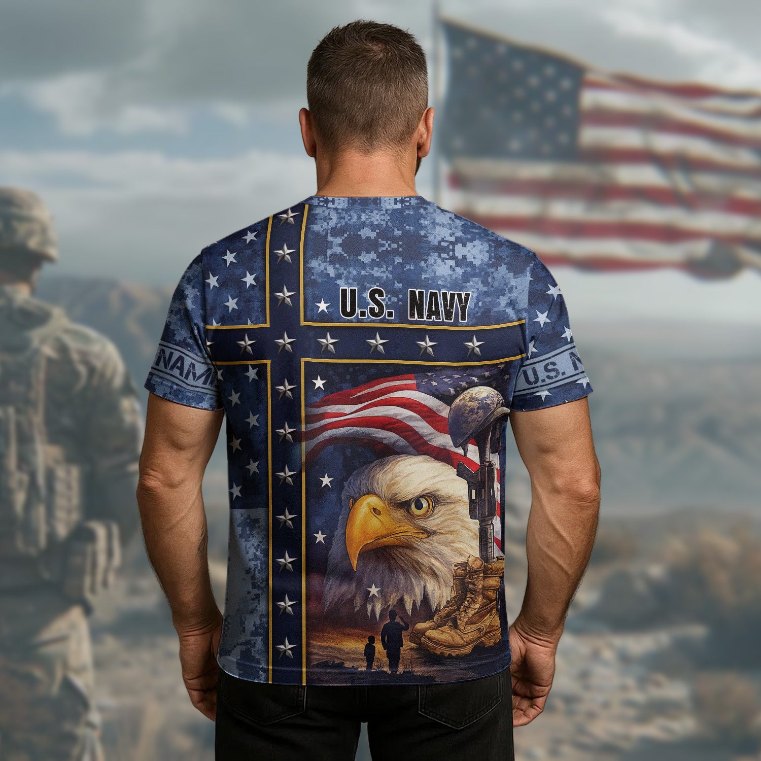 US Navy Veteran American Flag Bald Eagle Patriotic Military Veteran All-over Print Personalized T-Shirt
