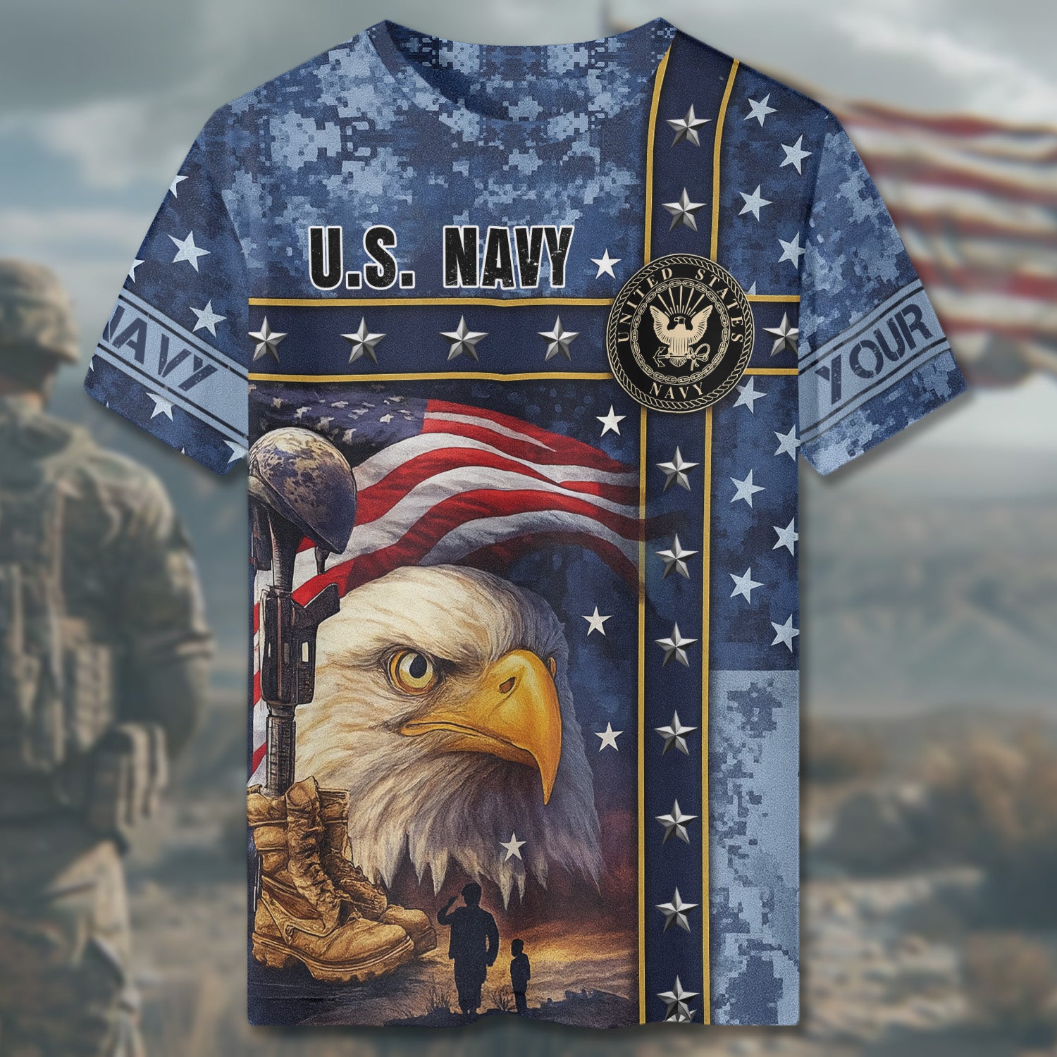 US Navy Veteran American Flag Bald Eagle Patriotic Military Veteran All-over Print Personalized T-Shirt