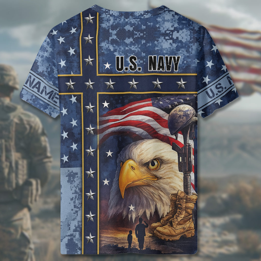 US Navy Veteran American Flag Bald Eagle All-over Print Personalized T-Shirt