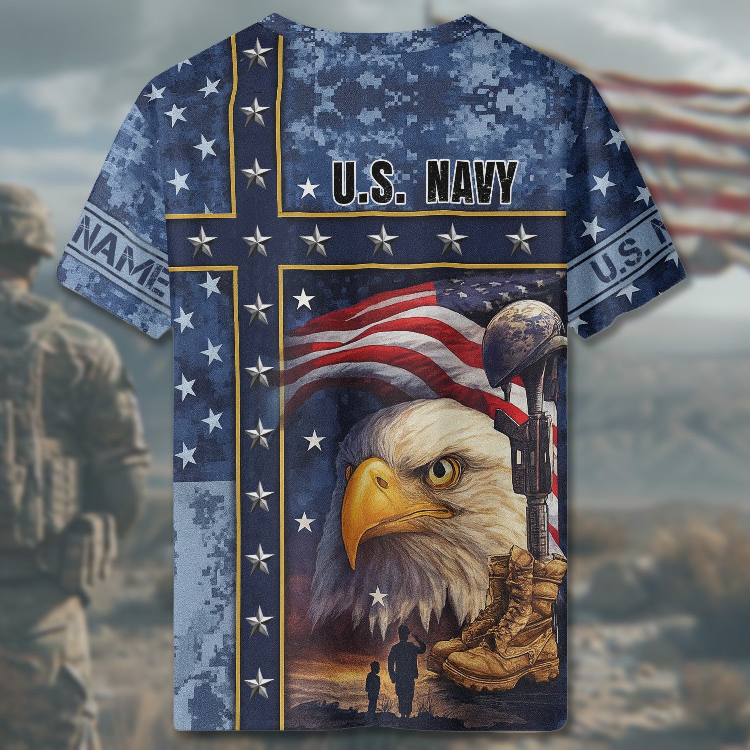 US Navy Veteran American Flag Bald Eagle Patriotic Military Veteran All-over Print Personalized T-Shirt