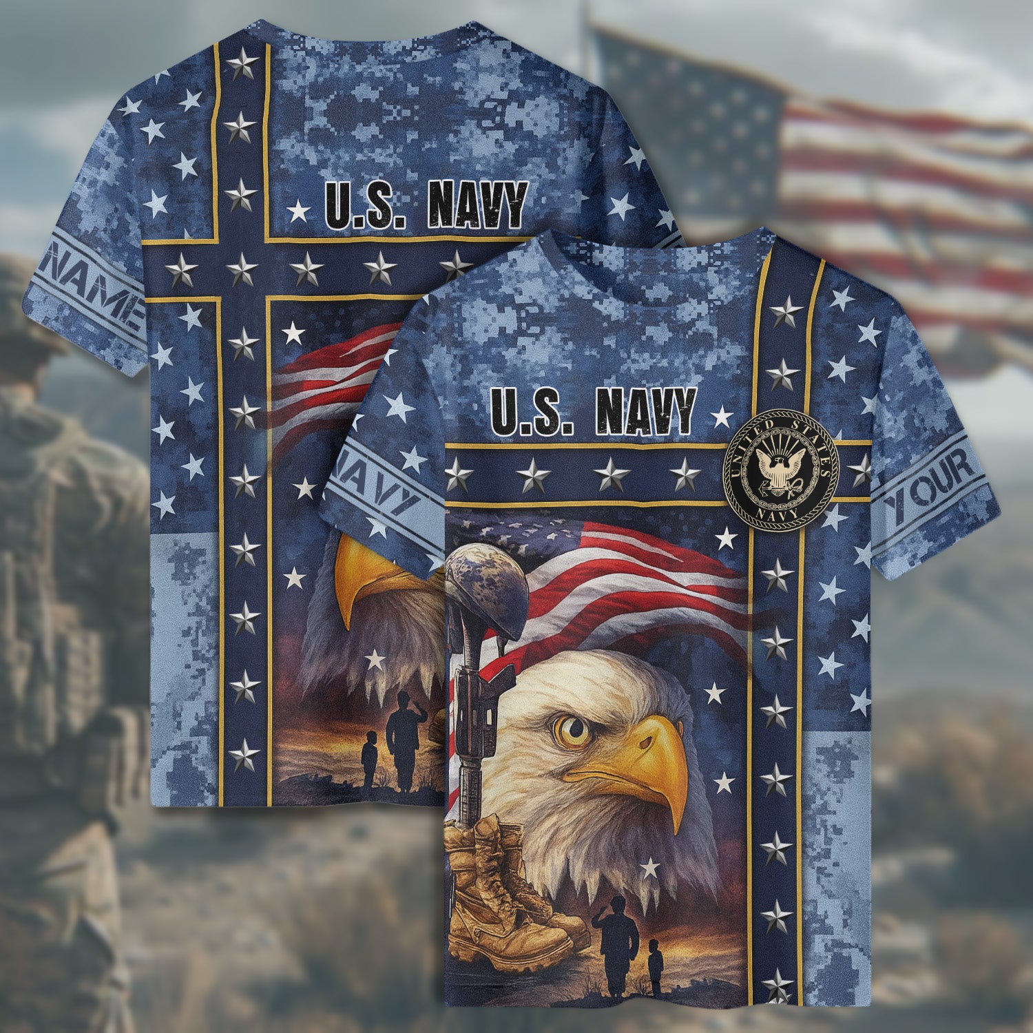 US Navy Veteran American Flag Bald Eagle Patriotic Military Veteran All-over Print Personalized T-Shirt