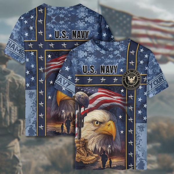 US Navy Veteran American Flag Bald Eagle All-over Print Personalized T-Shirt