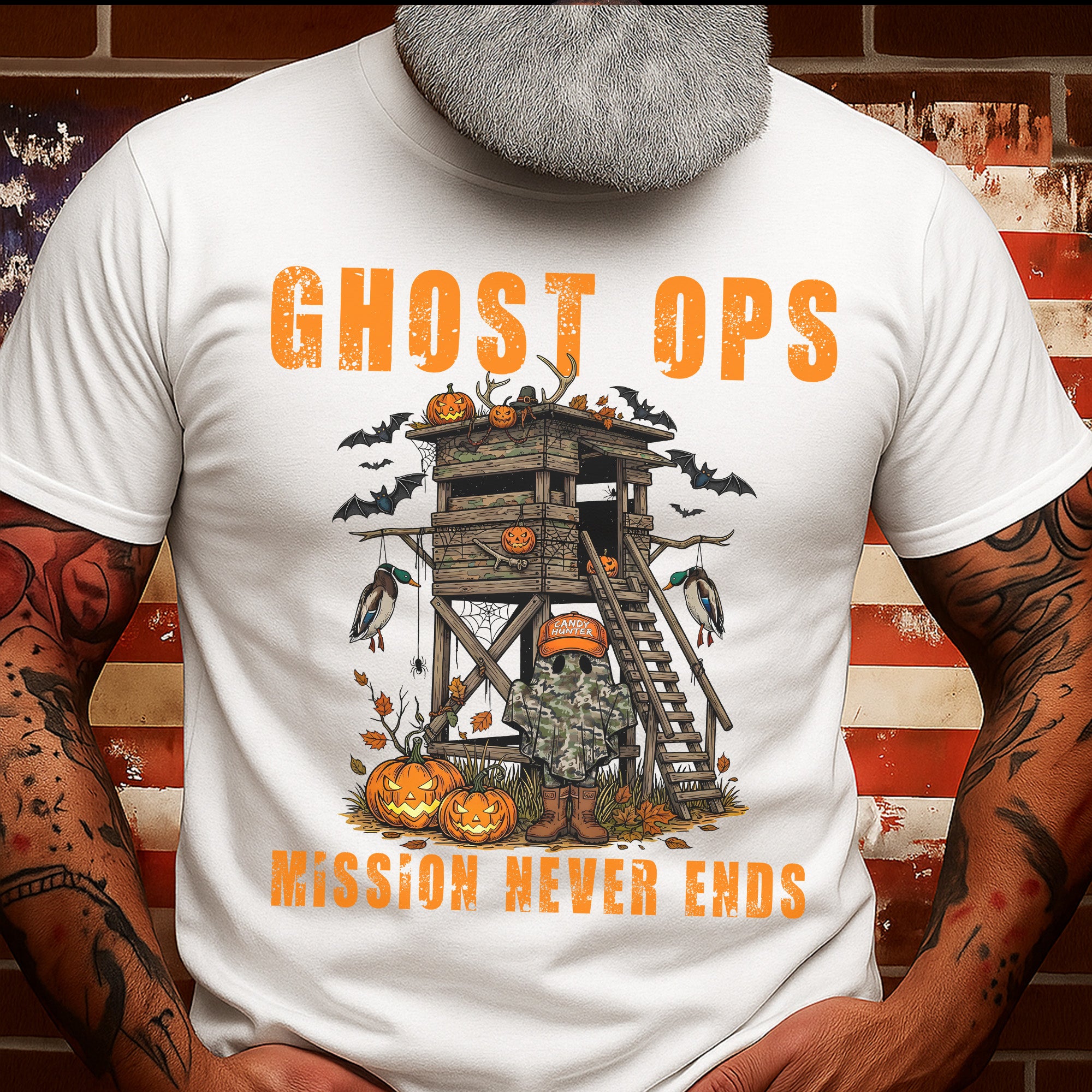Ghost Ops Mission Never Ends Veteran Halloween Funny Military Patriotic Ghost T-Shirt