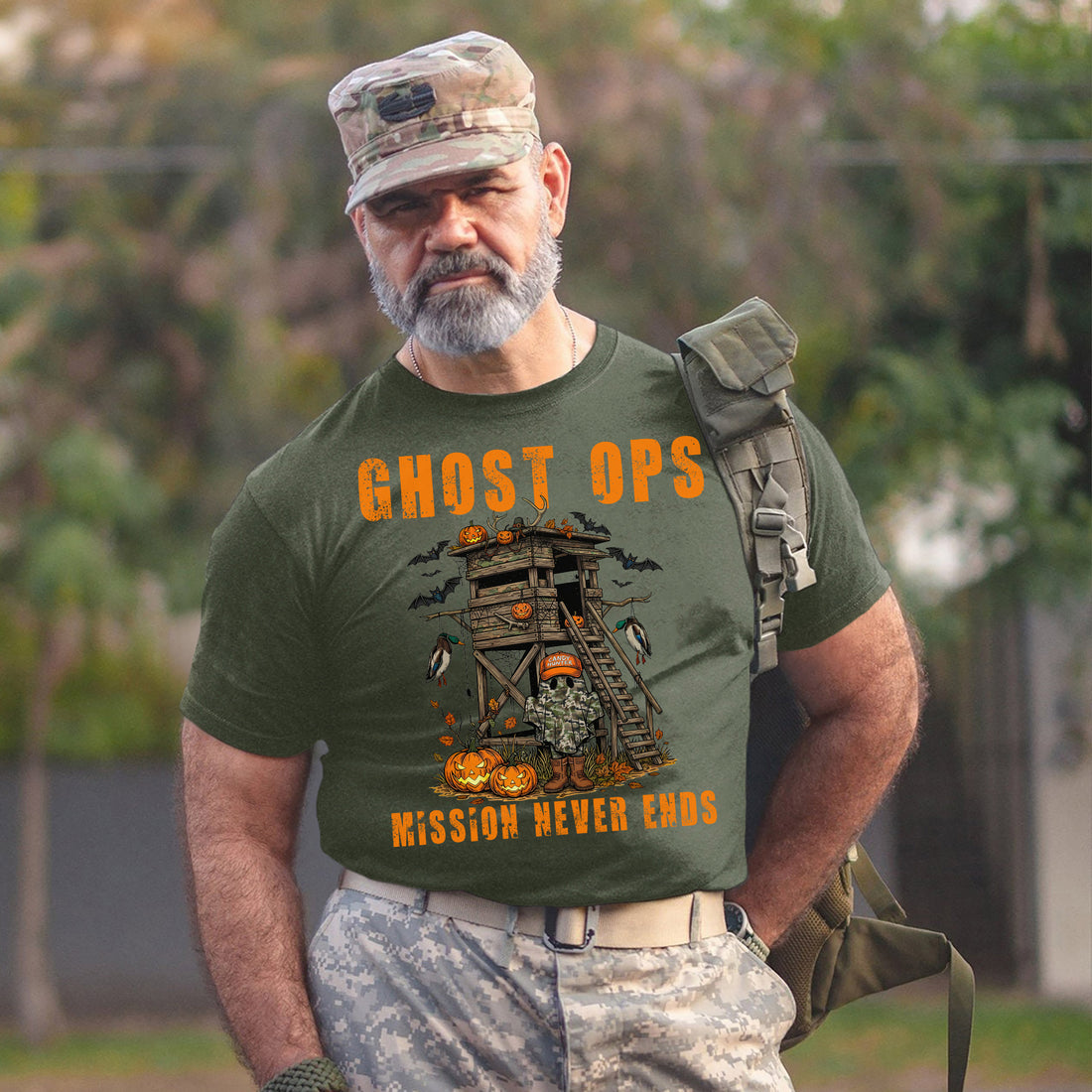 Ghost Ops Mission Never Ends Veteran Halloween Funny Military Patriotic Ghost T-Shirt