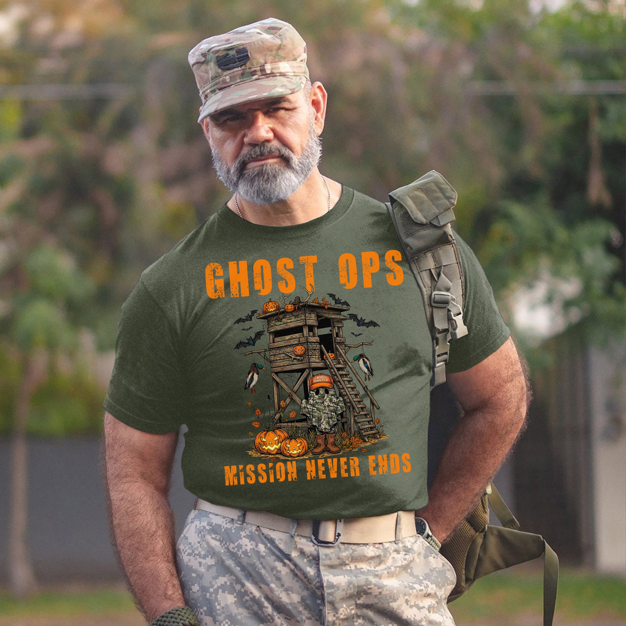 Ghost Ops Mission Never Ends Veteran Halloween Funny Military Patriotic Ghost T-Shirt