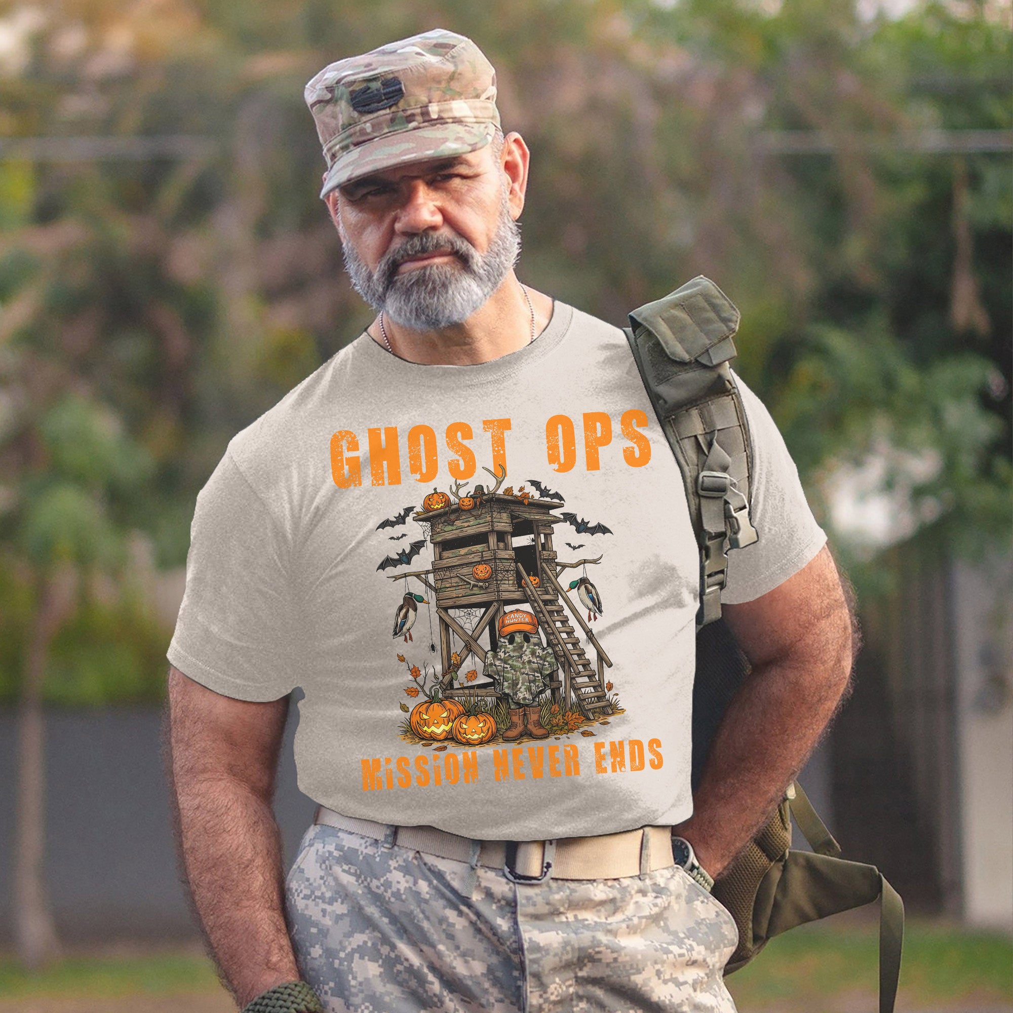 Ghost Ops Mission Never Ends Veteran Halloween Funny Military Patriotic Ghost T-Shirt