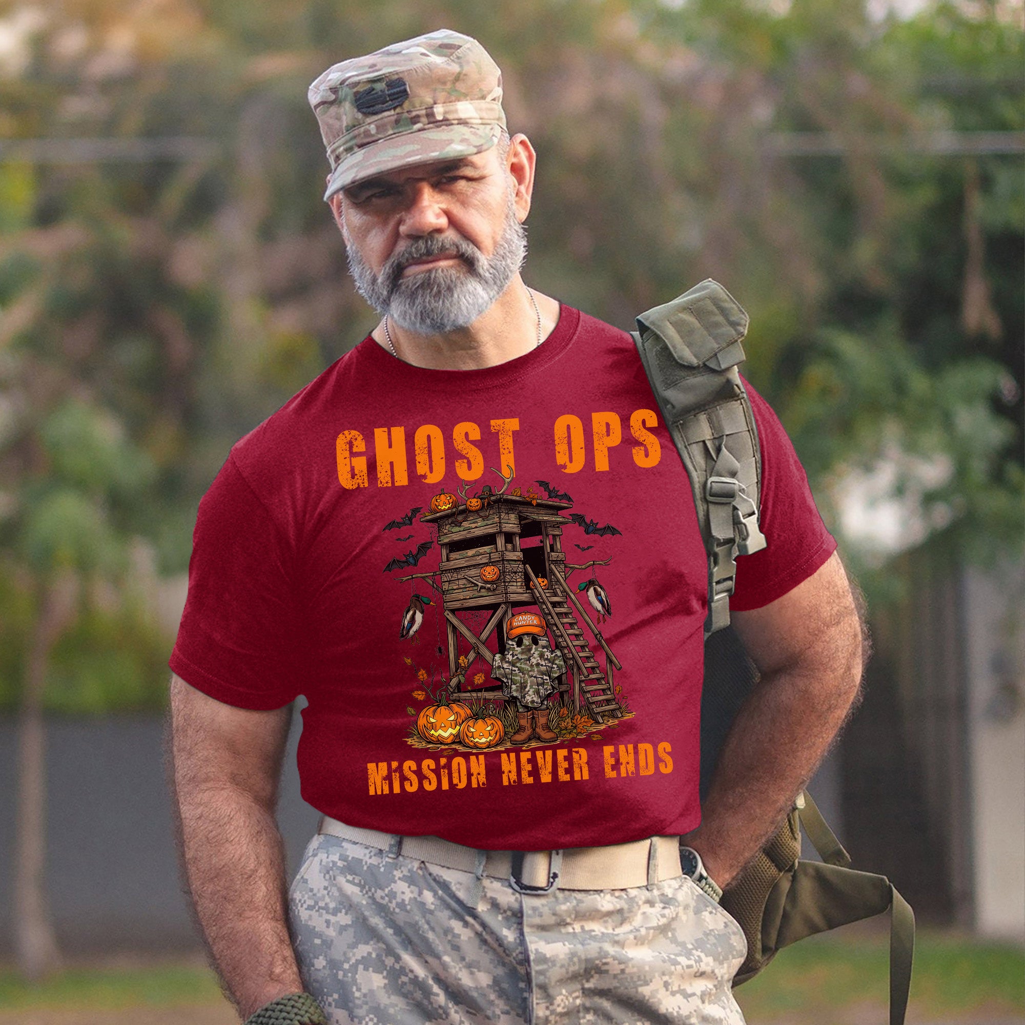 Ghost Ops Mission Never Ends Veteran Halloween Funny Military Patriotic Ghost T-Shirt