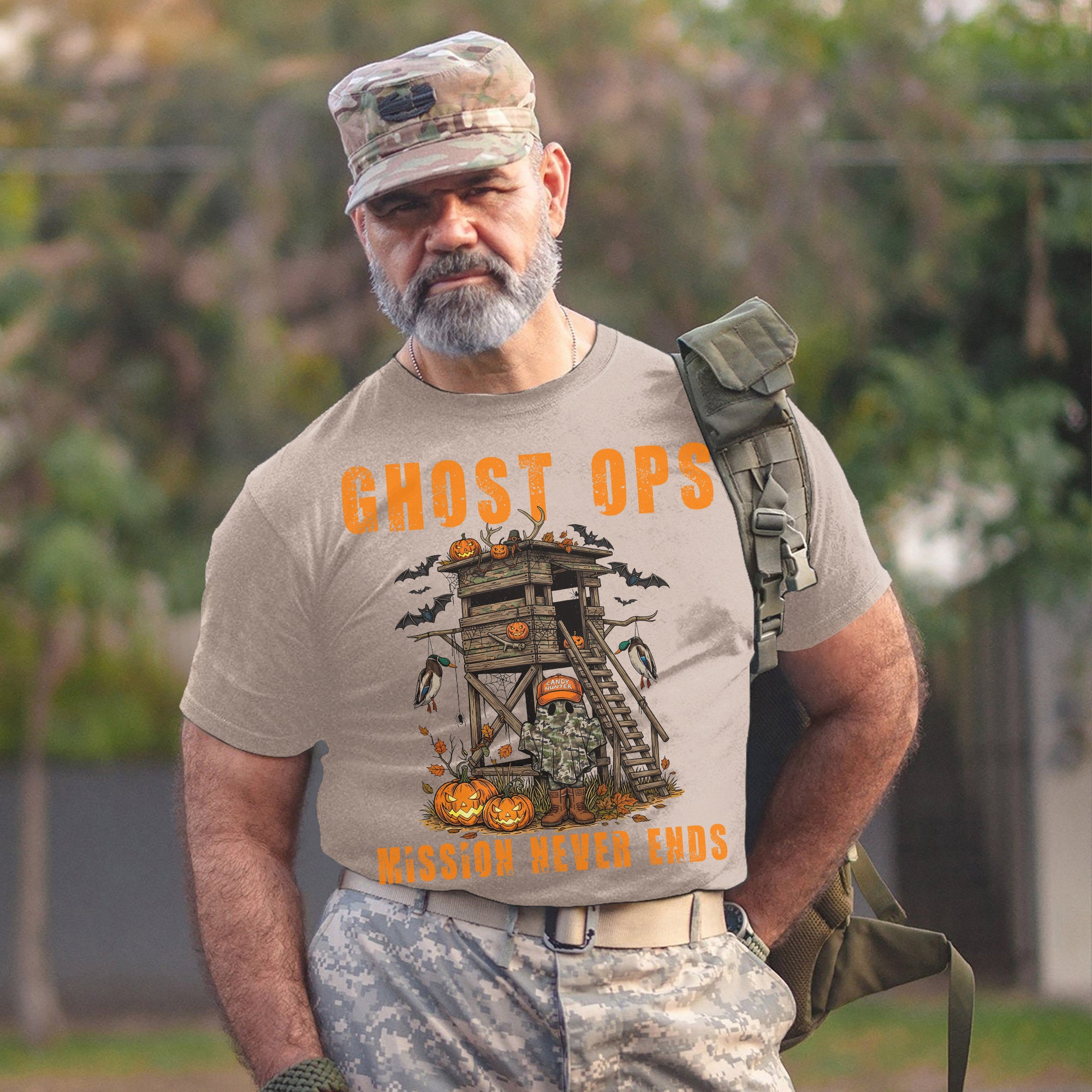 Ghost Ops Mission Never Ends Veteran Halloween Funny Military Patriotic Ghost T-Shirt