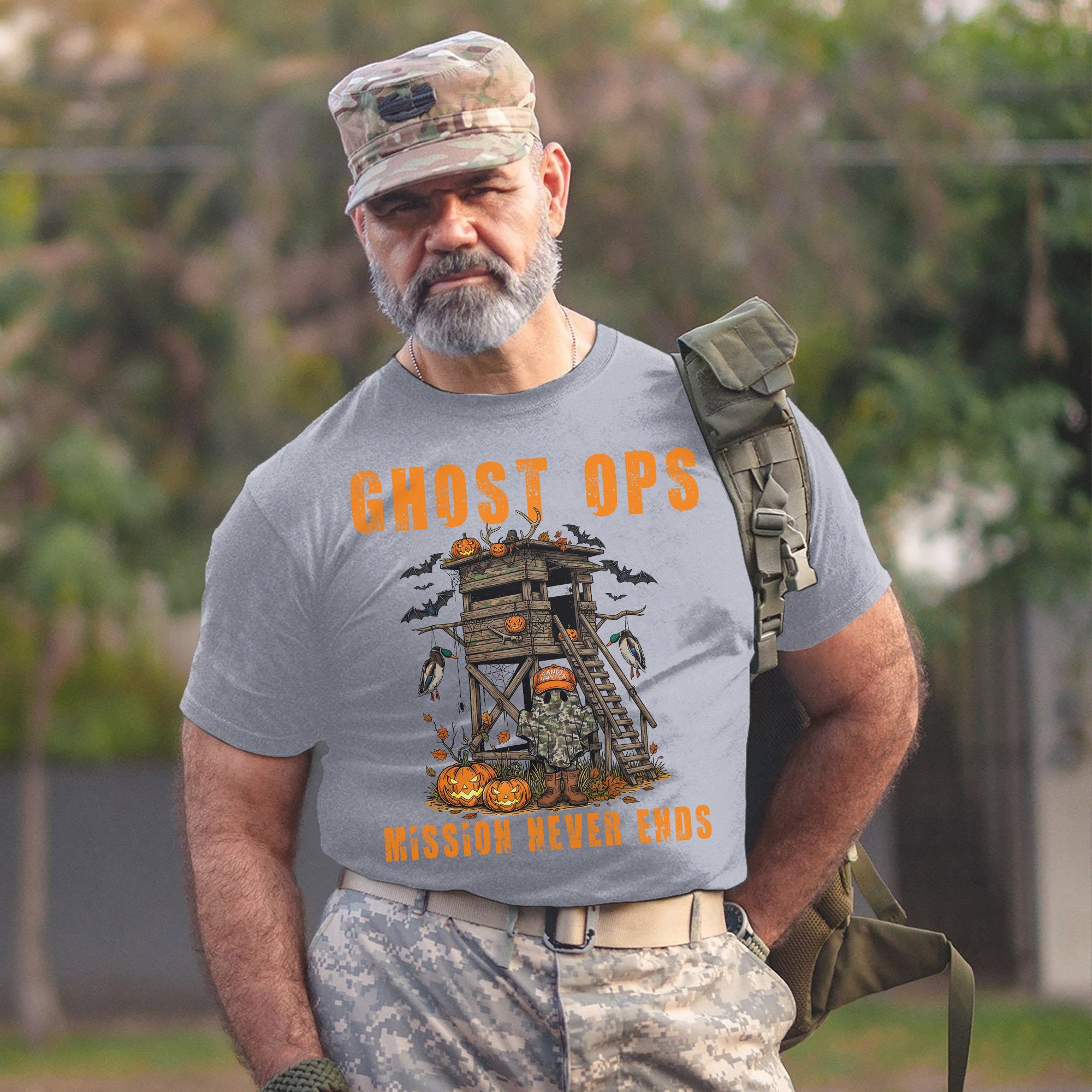 Ghost Ops Mission Never Ends Veteran Halloween Funny Military Patriotic Ghost T-Shirt