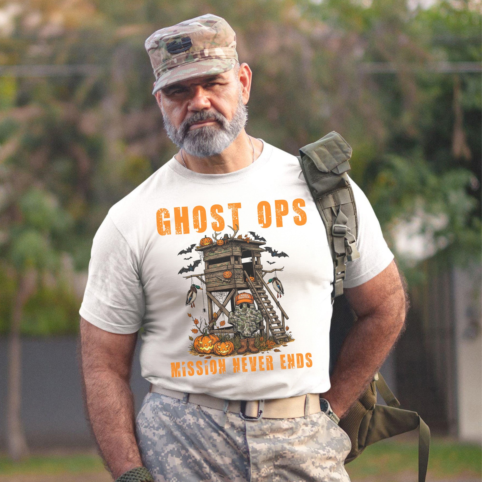 Ghost Ops Mission Never Ends Veteran Halloween Funny Military Patriotic Ghost T-Shirt
