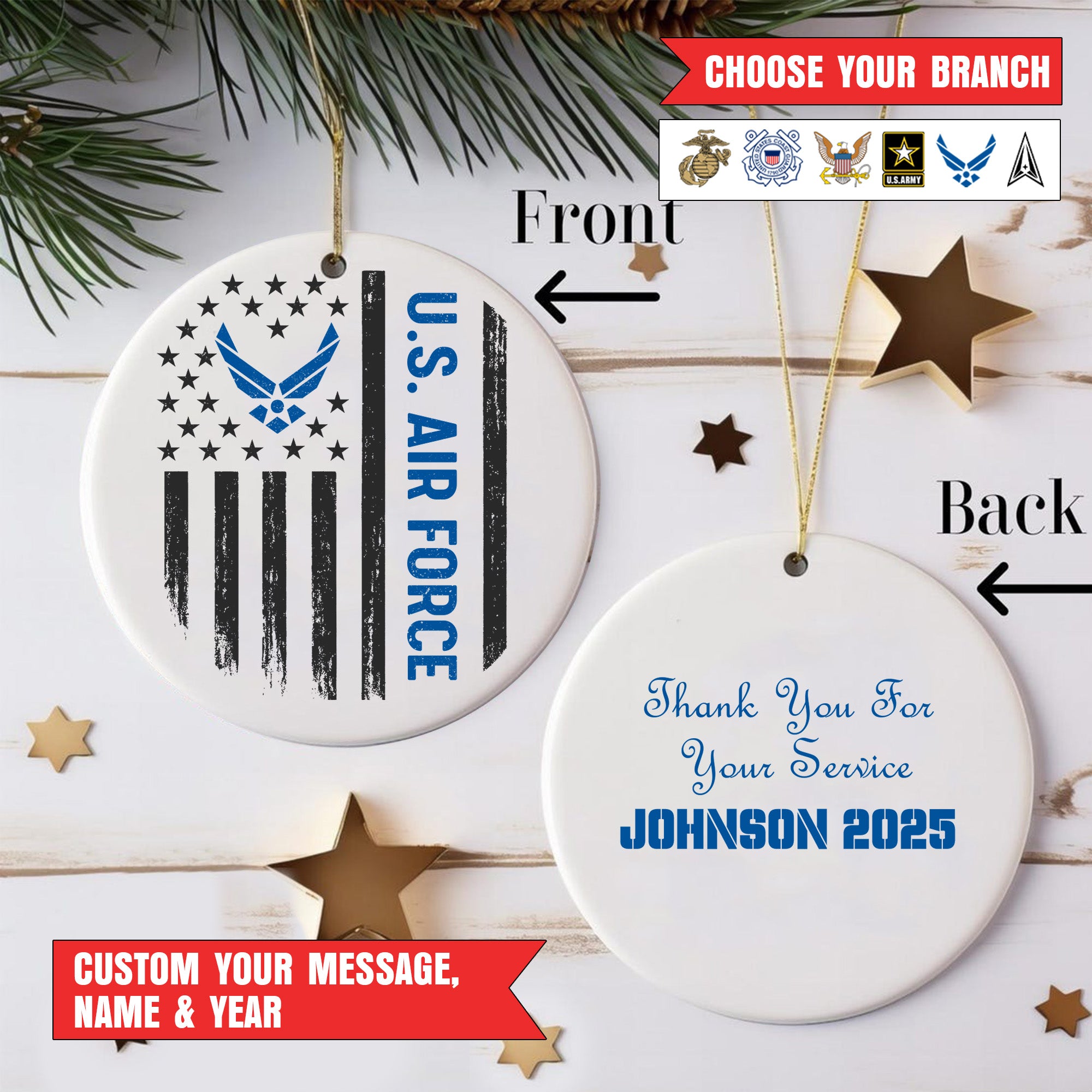 US Veteran All Branches Military Patriotic American Flag Christmas Ornament Personalized Ornament