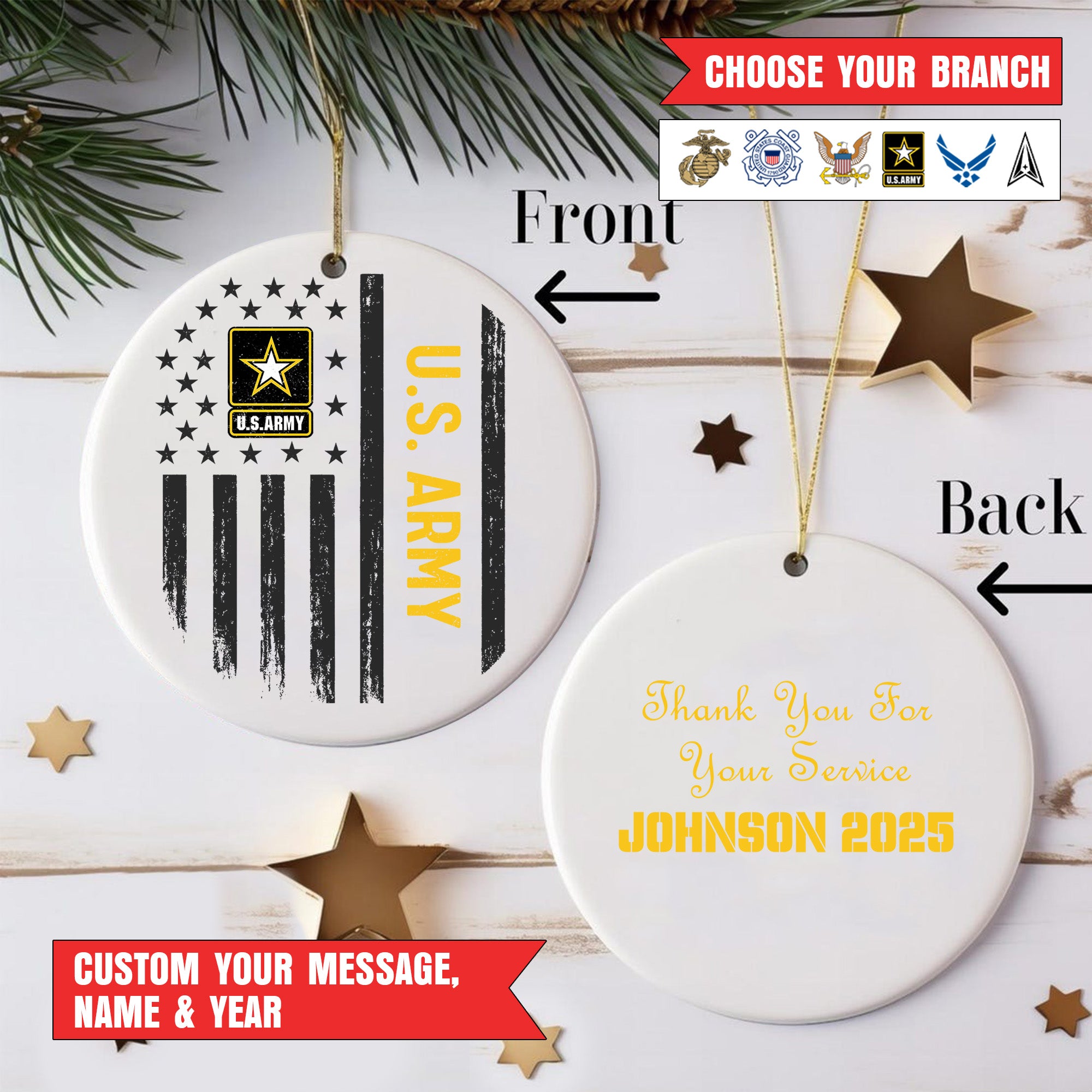 US Veteran All Branches Military Patriotic American Flag Christmas Ornament Personalized Ornament