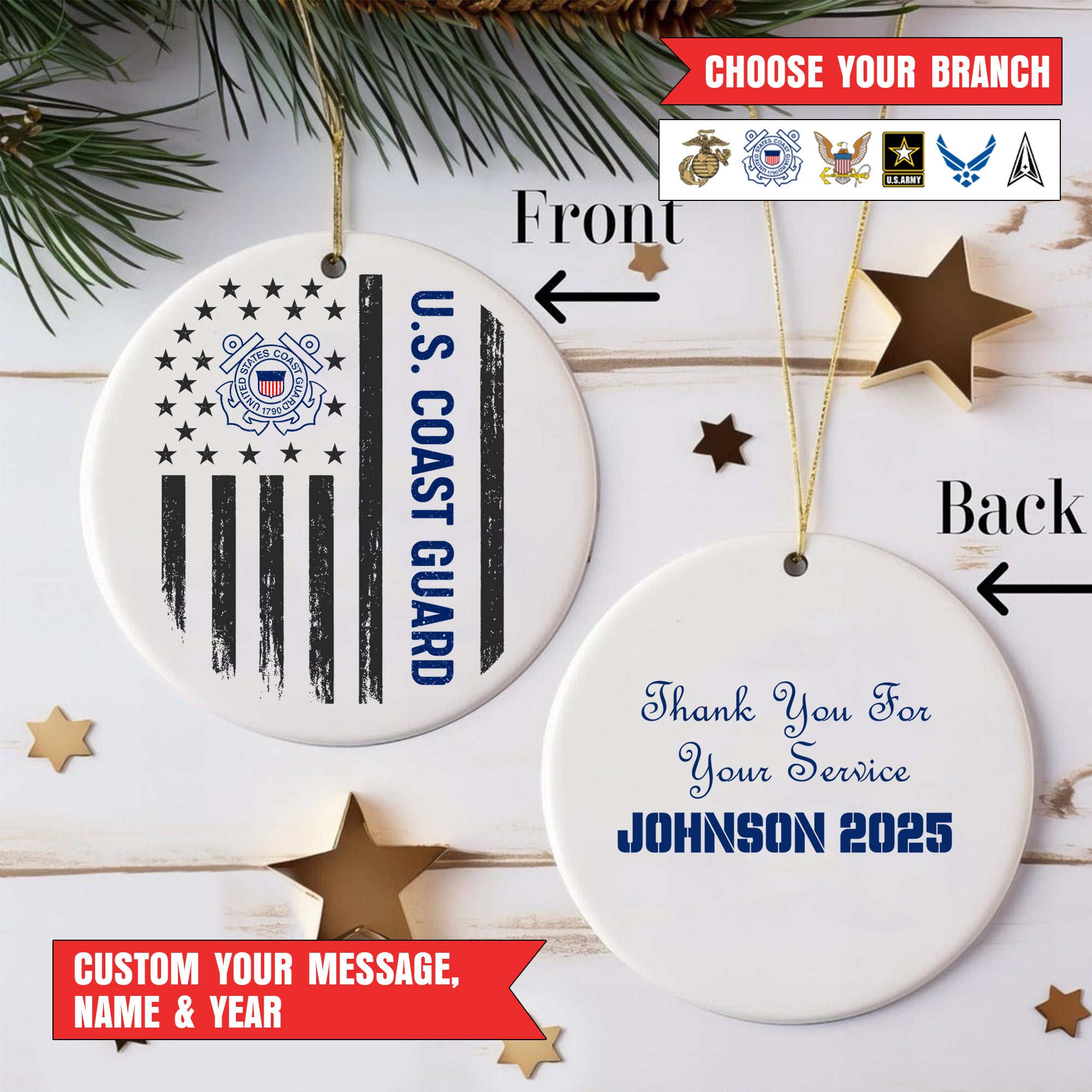 US Veteran All Branches Military Patriotic American Flag Christmas Ornament Personalized Ornament