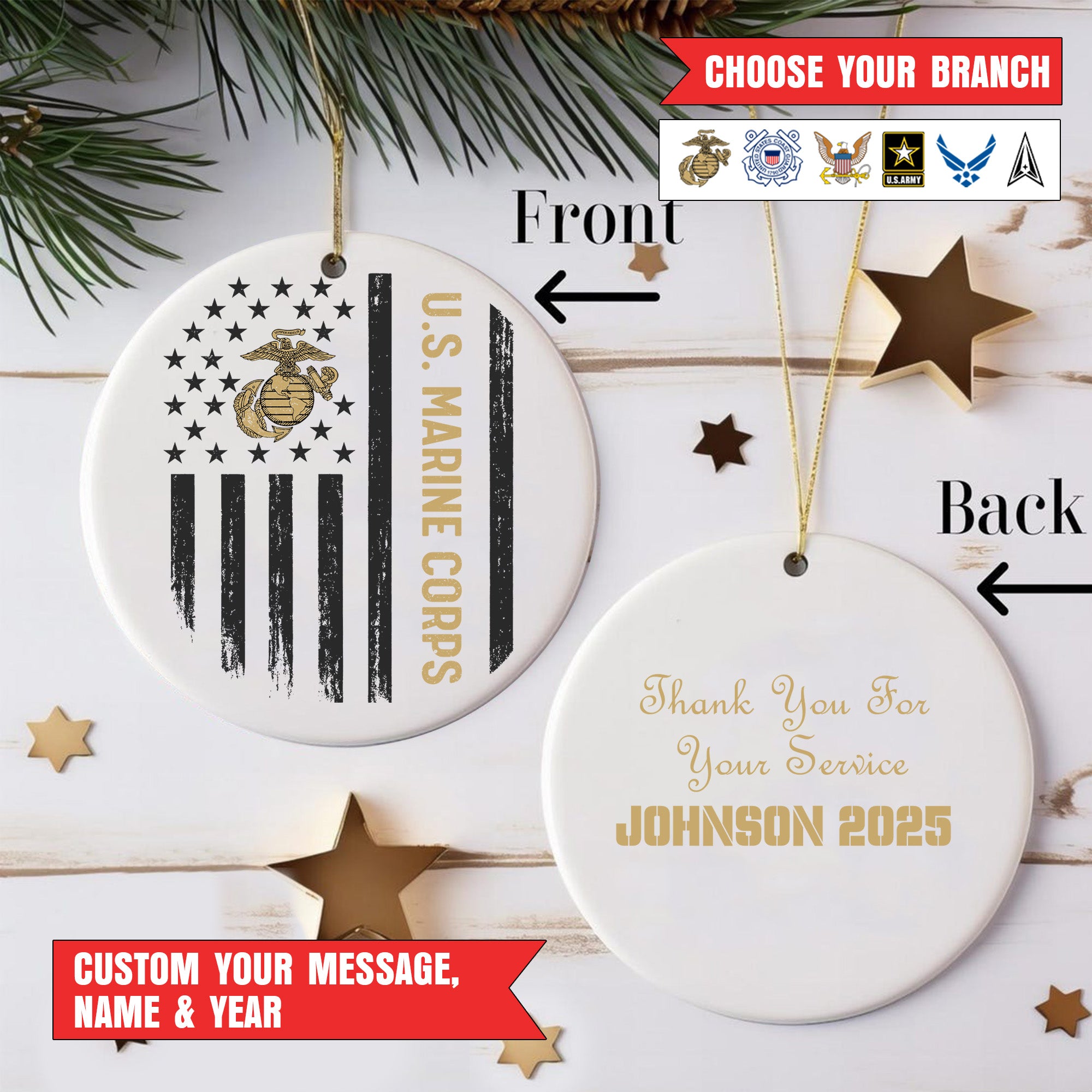 US Veteran All Branches Military Patriotic American Flag Christmas Ornament Personalized Ornament