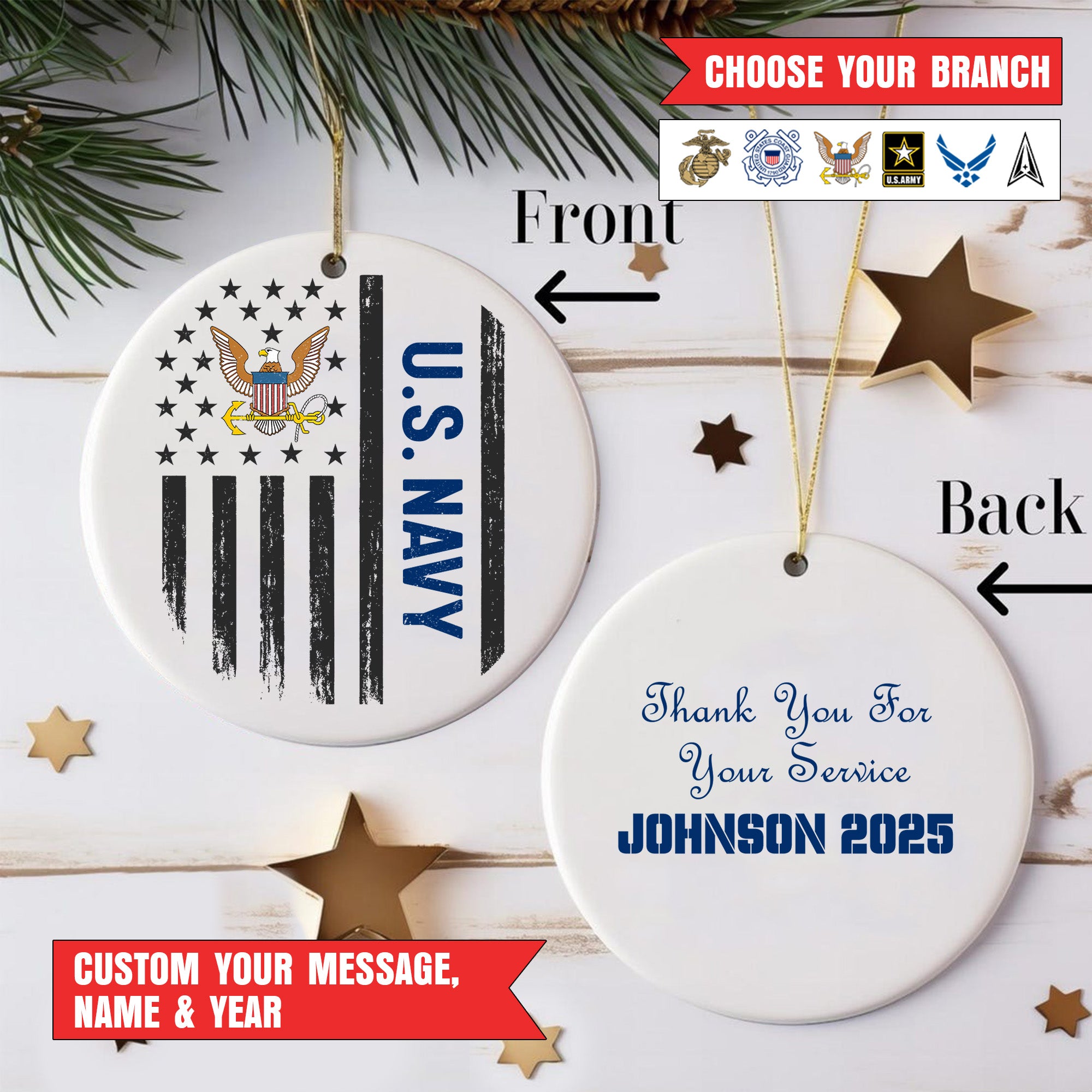 US Veteran All Branches Military Patriotic American Flag Christmas Ornament Personalized Ornament