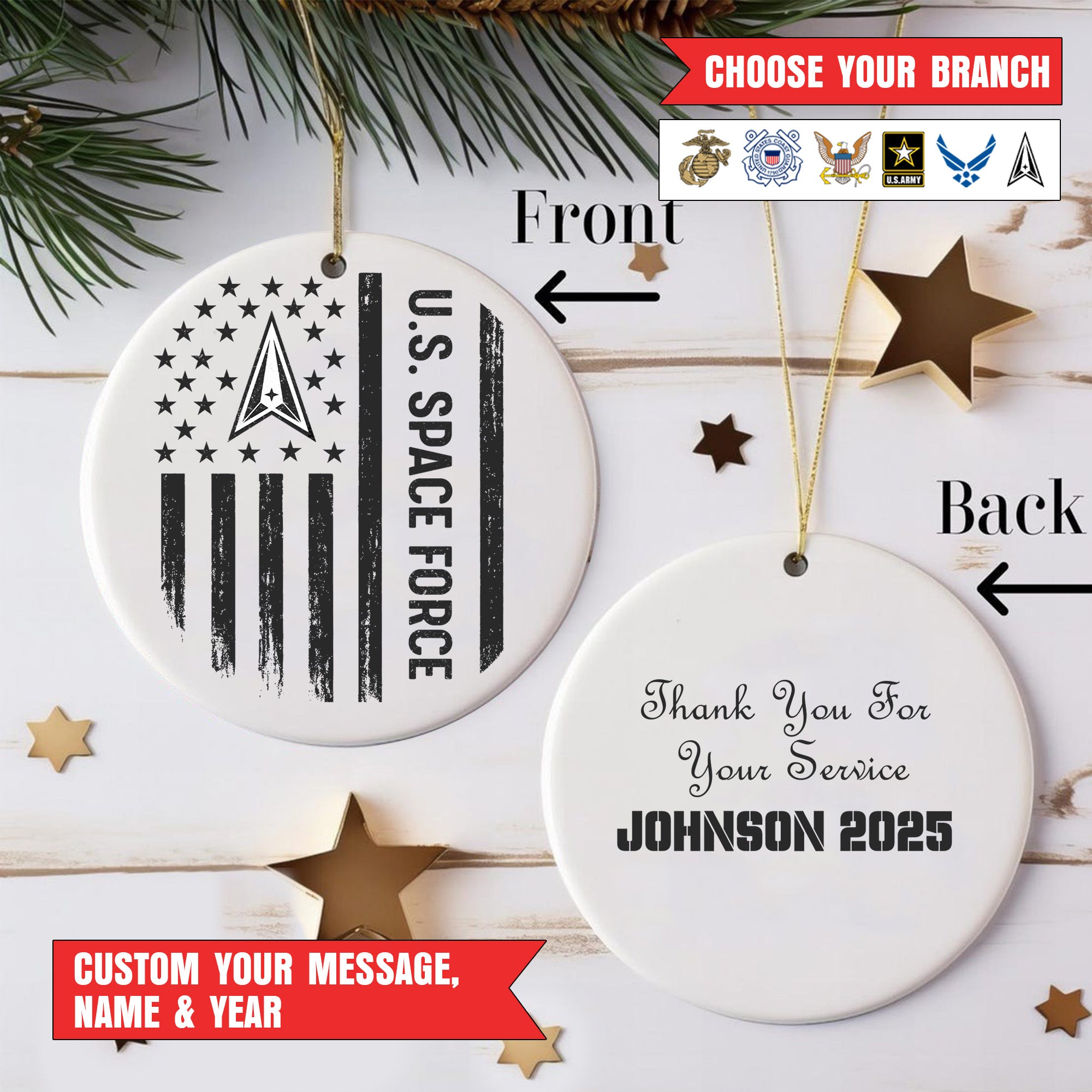 US Veteran All Branches Military Patriotic American Flag Christmas Ornament Personalized Ornament