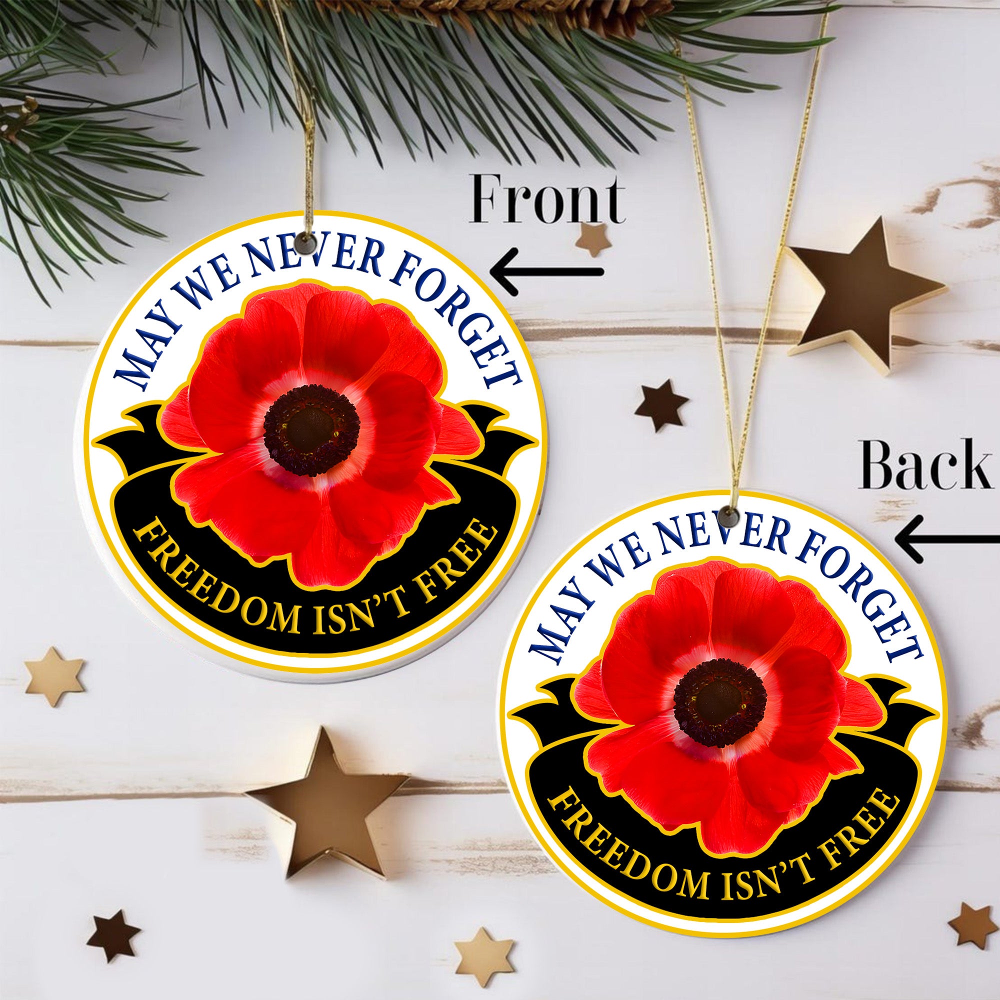 May We Never Forget Freedom Isn't Free Red Poppy Memorial Day Veteran Patriotic Ornament