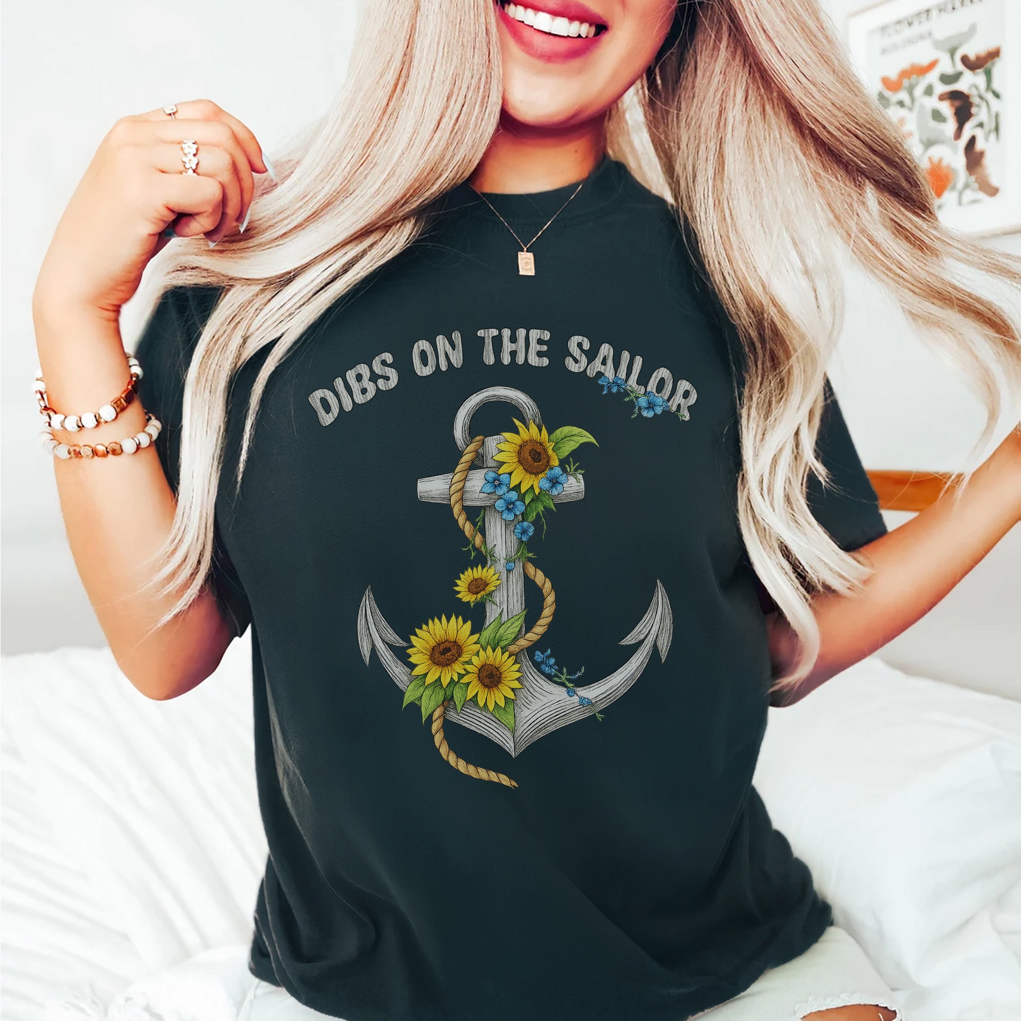 Dibs on the Sailor Sunflower Anchor US Navy Military Patriotic Veteran Wife's Gift T-Shirt