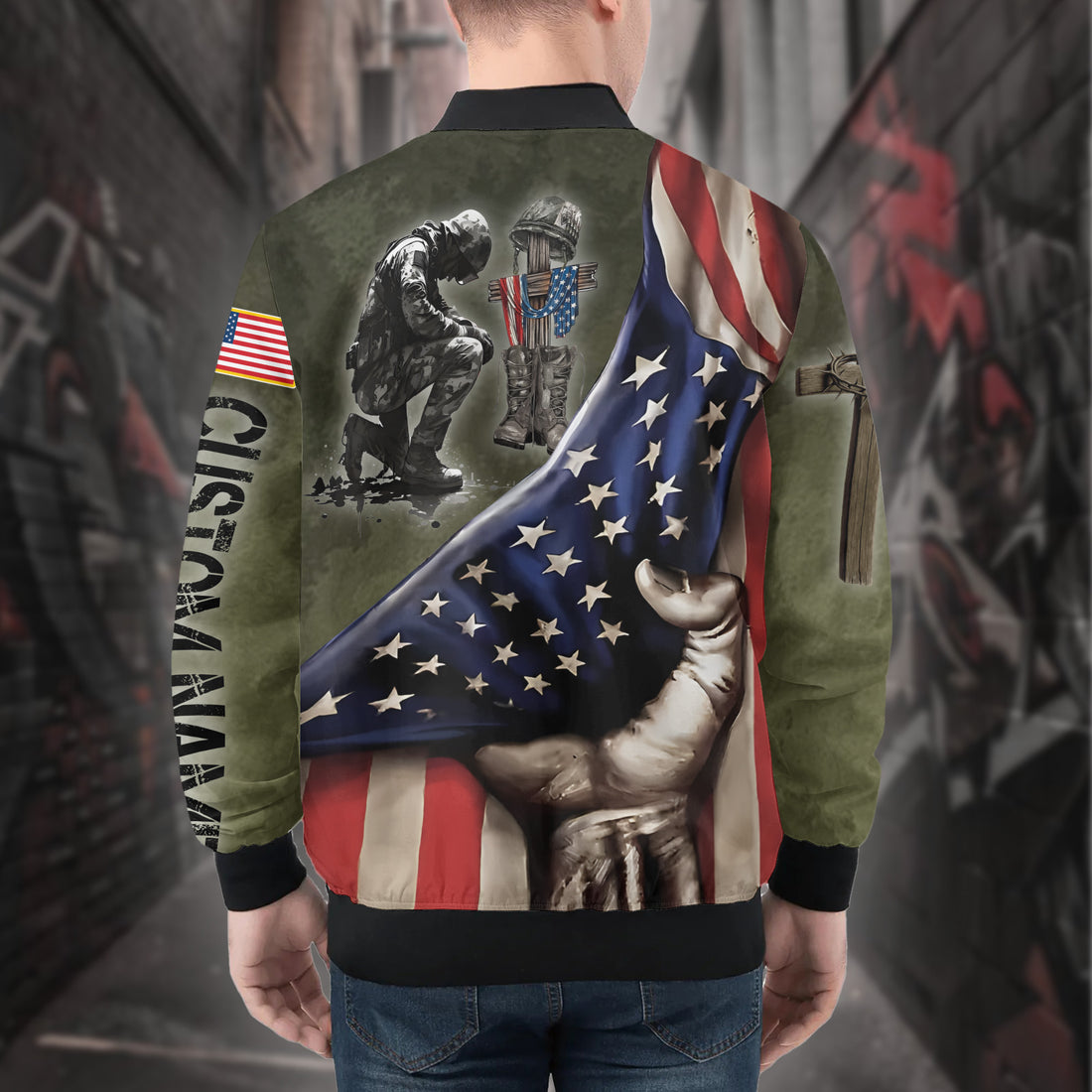 When the World Is Too Much to Stand Kneel Veteran Christian Military All-over Print Personalized Bomber Jacket